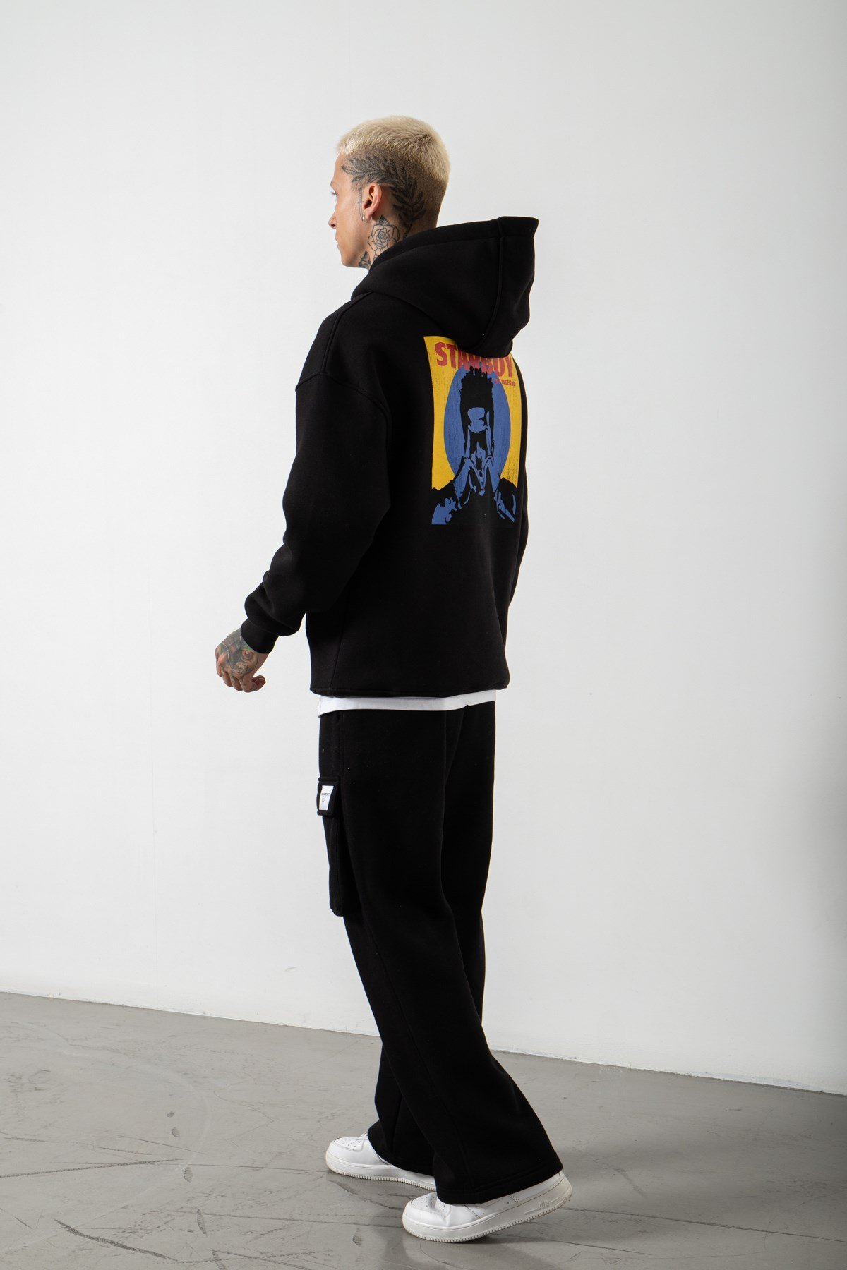 Oversize Starboy Baskılı Kapüşonlu Sweatshirt SİYAH