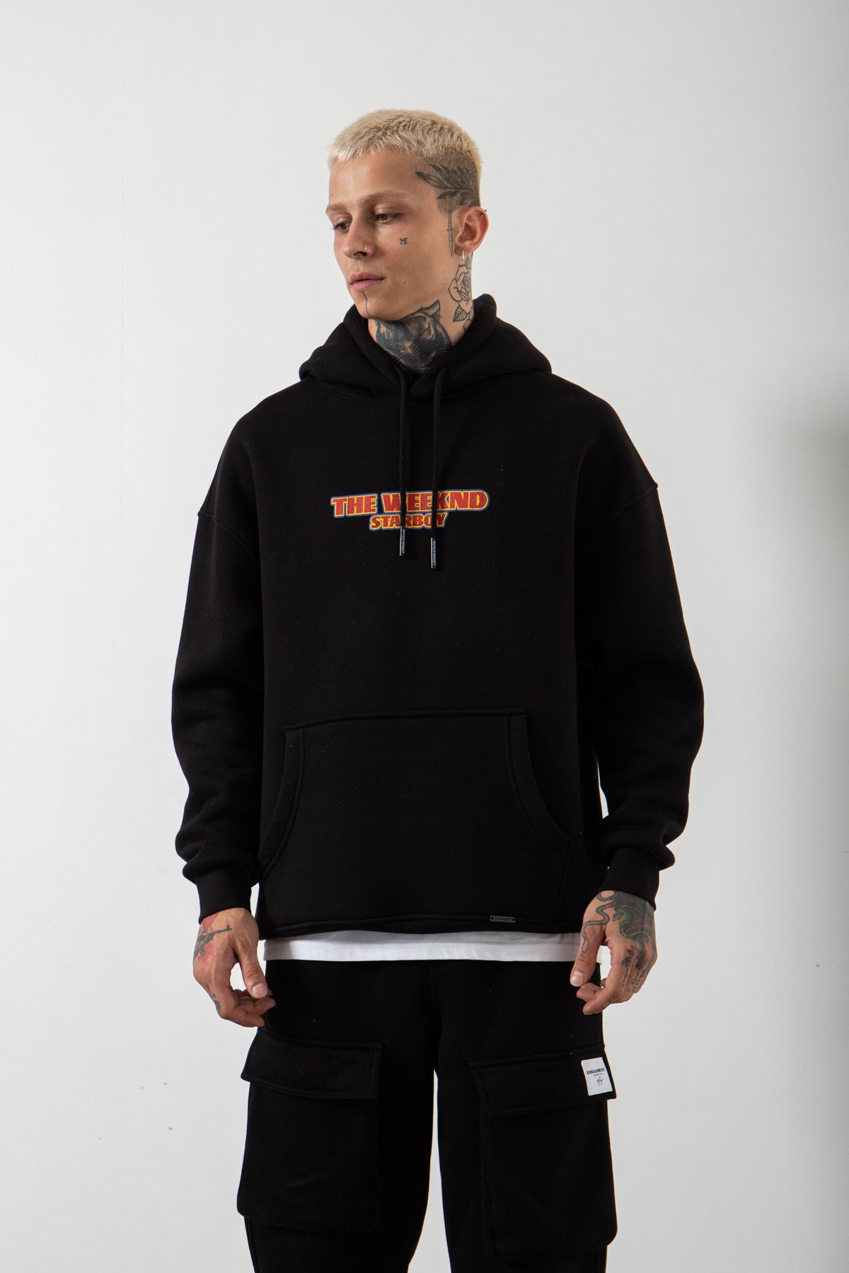 Oversize Starboy Baskılı Kapüşonlu Sweatshirt SİYAH