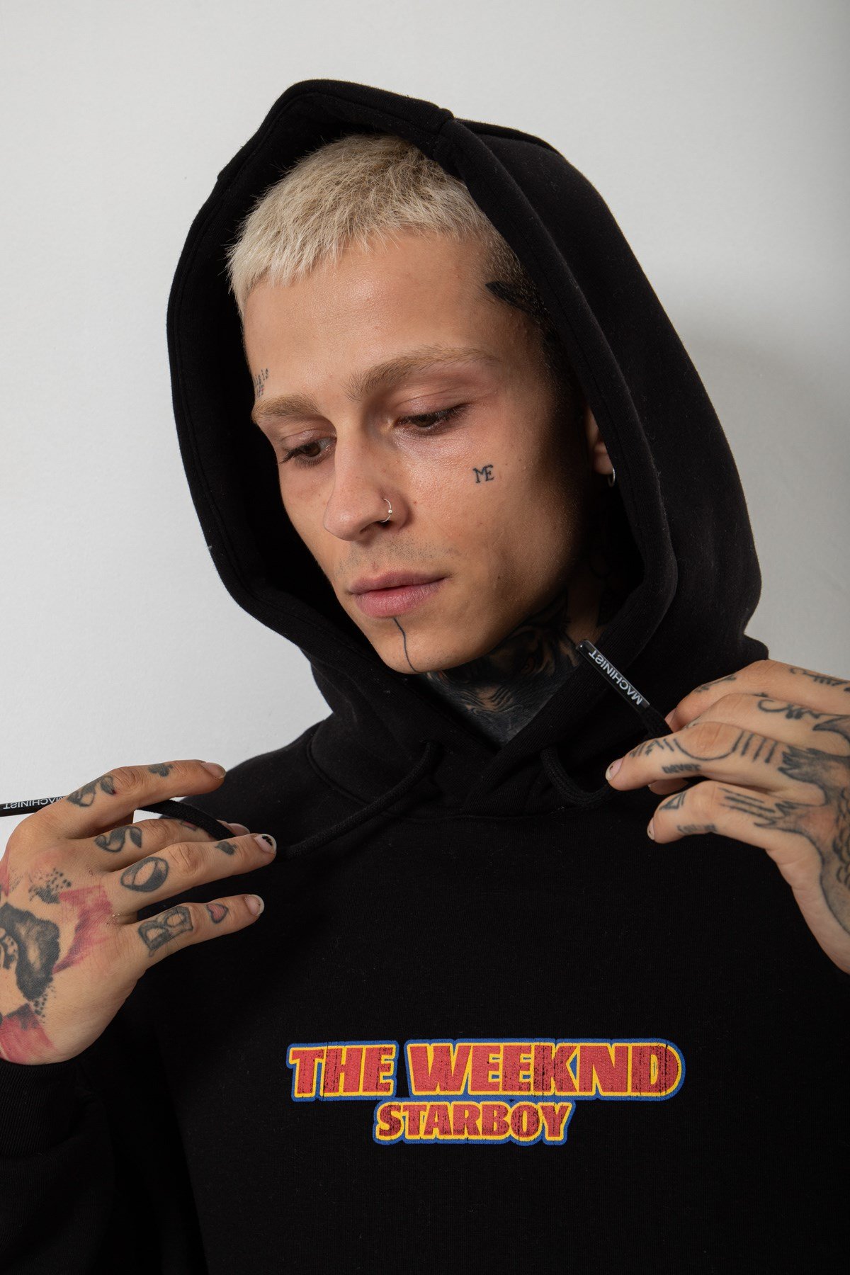 Oversize Starboy Baskılı Kapüşonlu Sweatshirt SİYAH