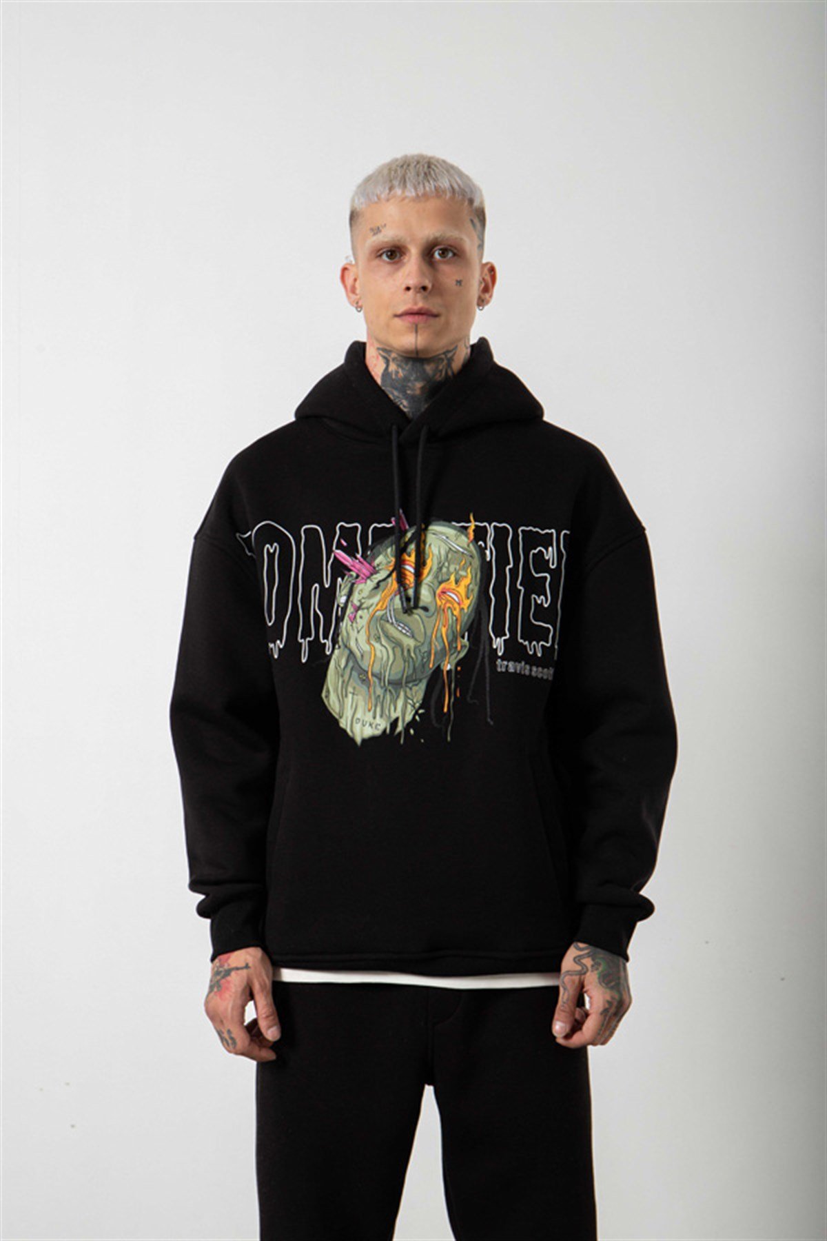 Oversize Travis Scott Baskılı Kapüşonlu Sweatshirt SİYAH