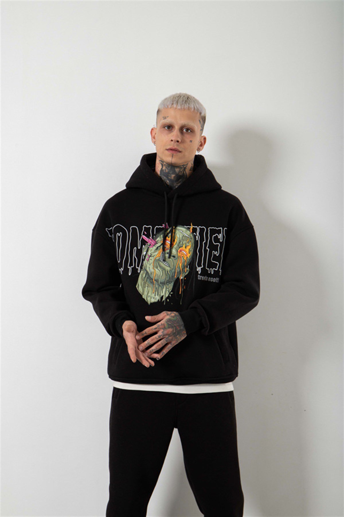 Oversize Travis Scott Baskılı Kapüşonlu Sweatshirt SİYAH
