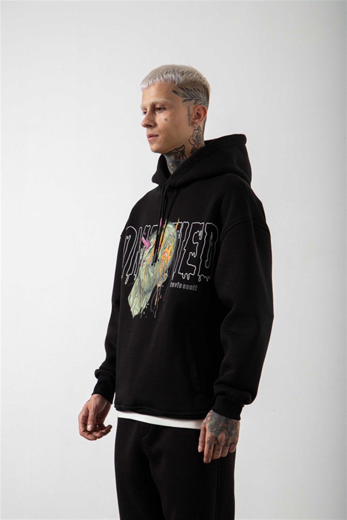 Oversize Travis Scott Baskılı Kapüşonlu Sweatshirt SİYAH
