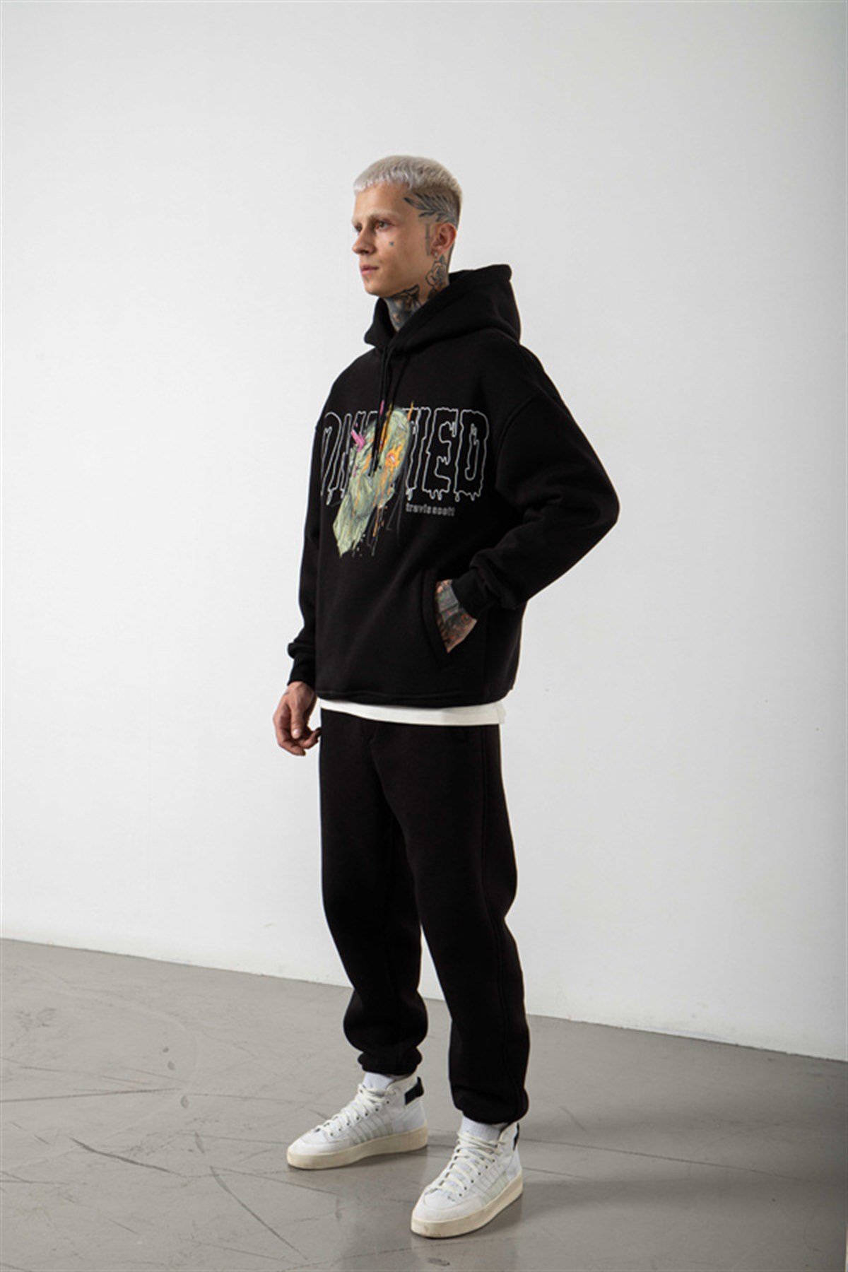Oversize Travis Scott Baskılı Kapüşonlu Sweatshirt SİYAH