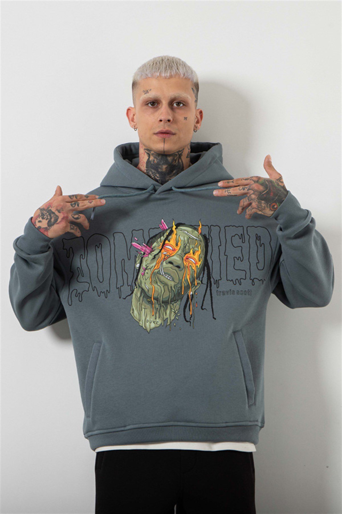 Oversize Travis Scott Baskılı Kapüşonlu Sweatshirt BLUE SMOKE