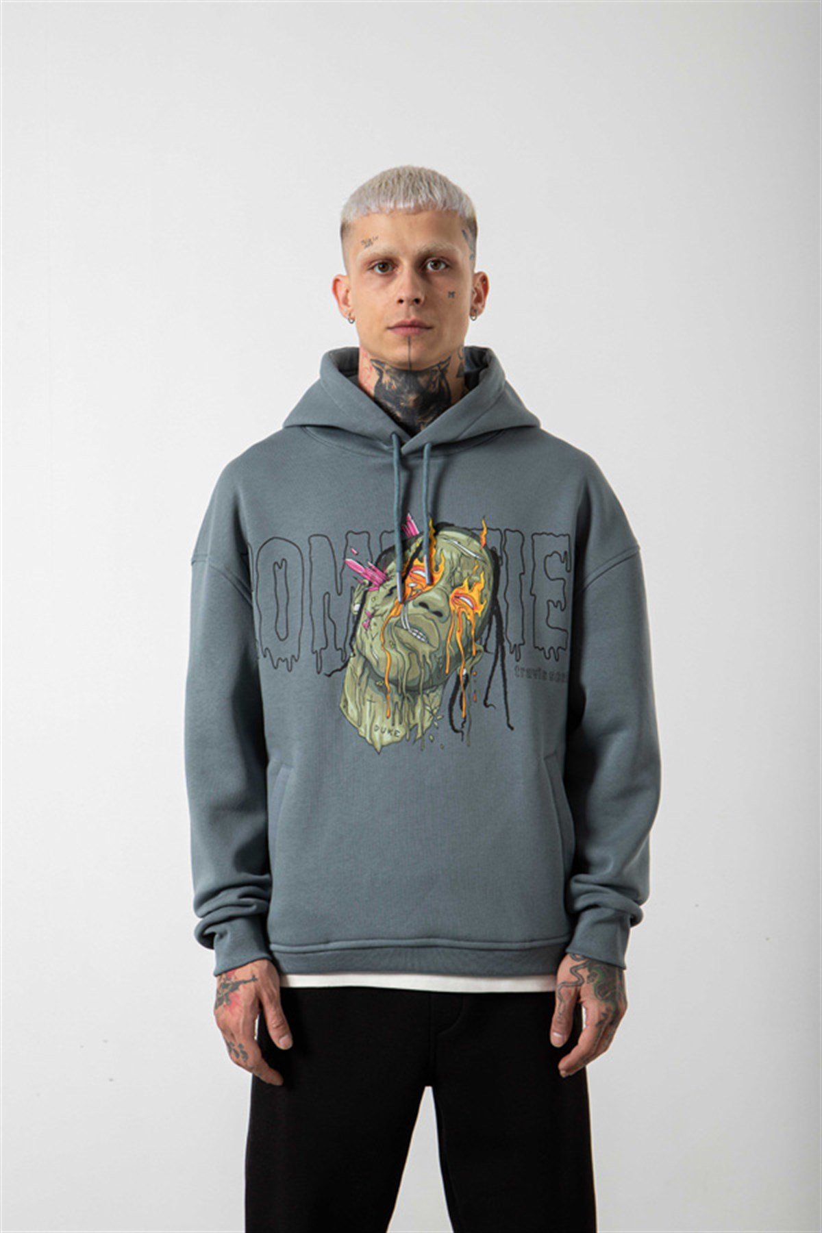 Oversize Travis Scott Baskılı Kapüşonlu Sweatshirt BLUE SMOKE