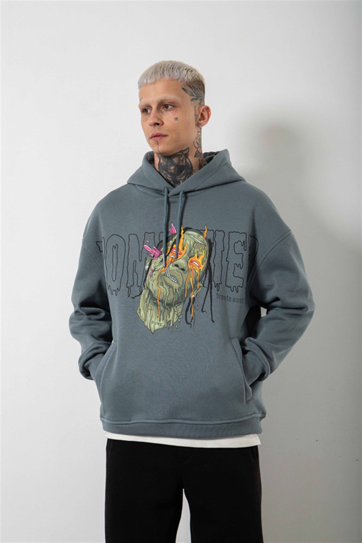Oversize Travis Scott Baskılı Kapüşonlu Sweatshirt BLUE SMOKE