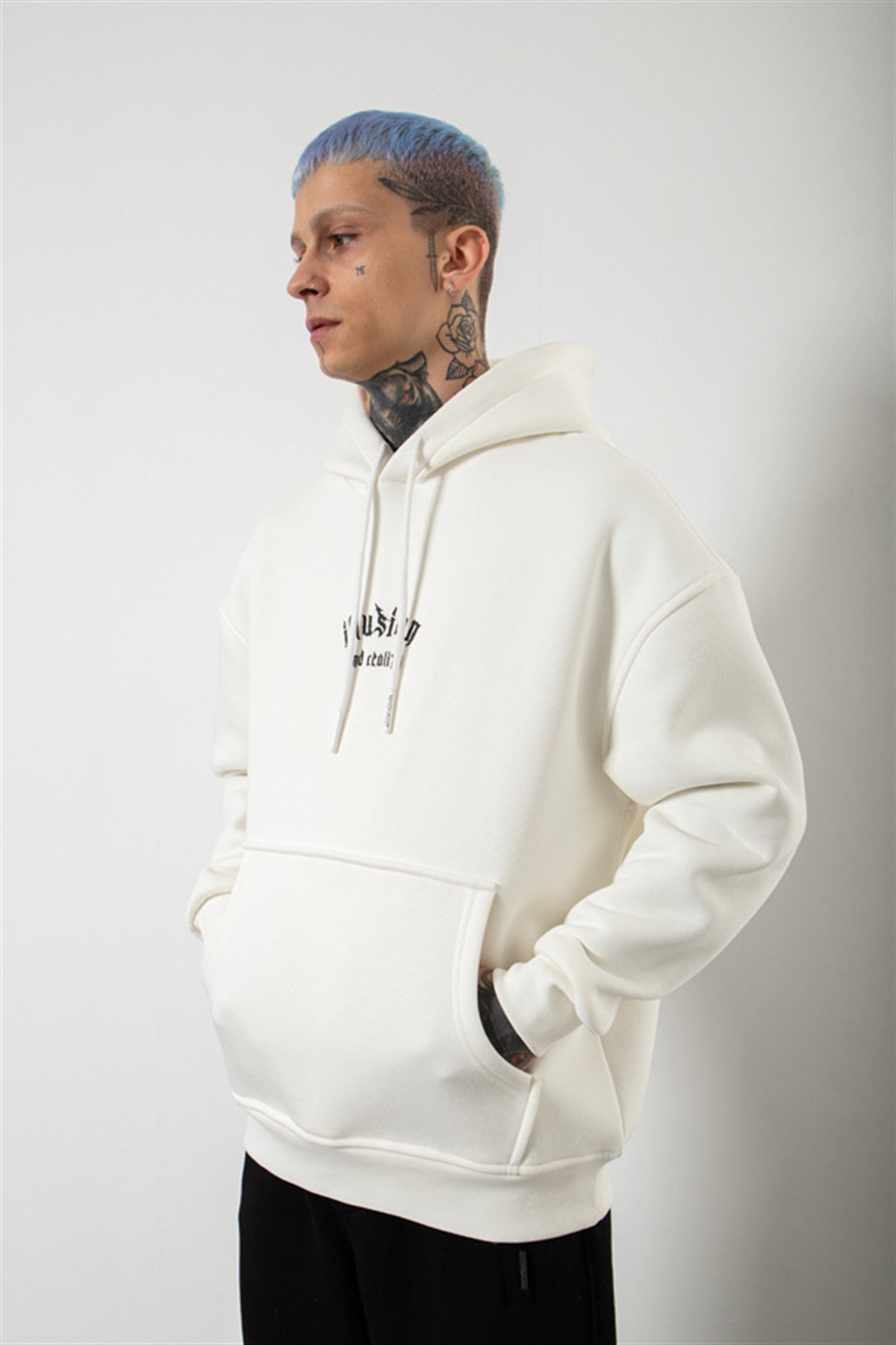 Oversize Illusion Baskılı Kapüşonlu Sweatshirt EKRU