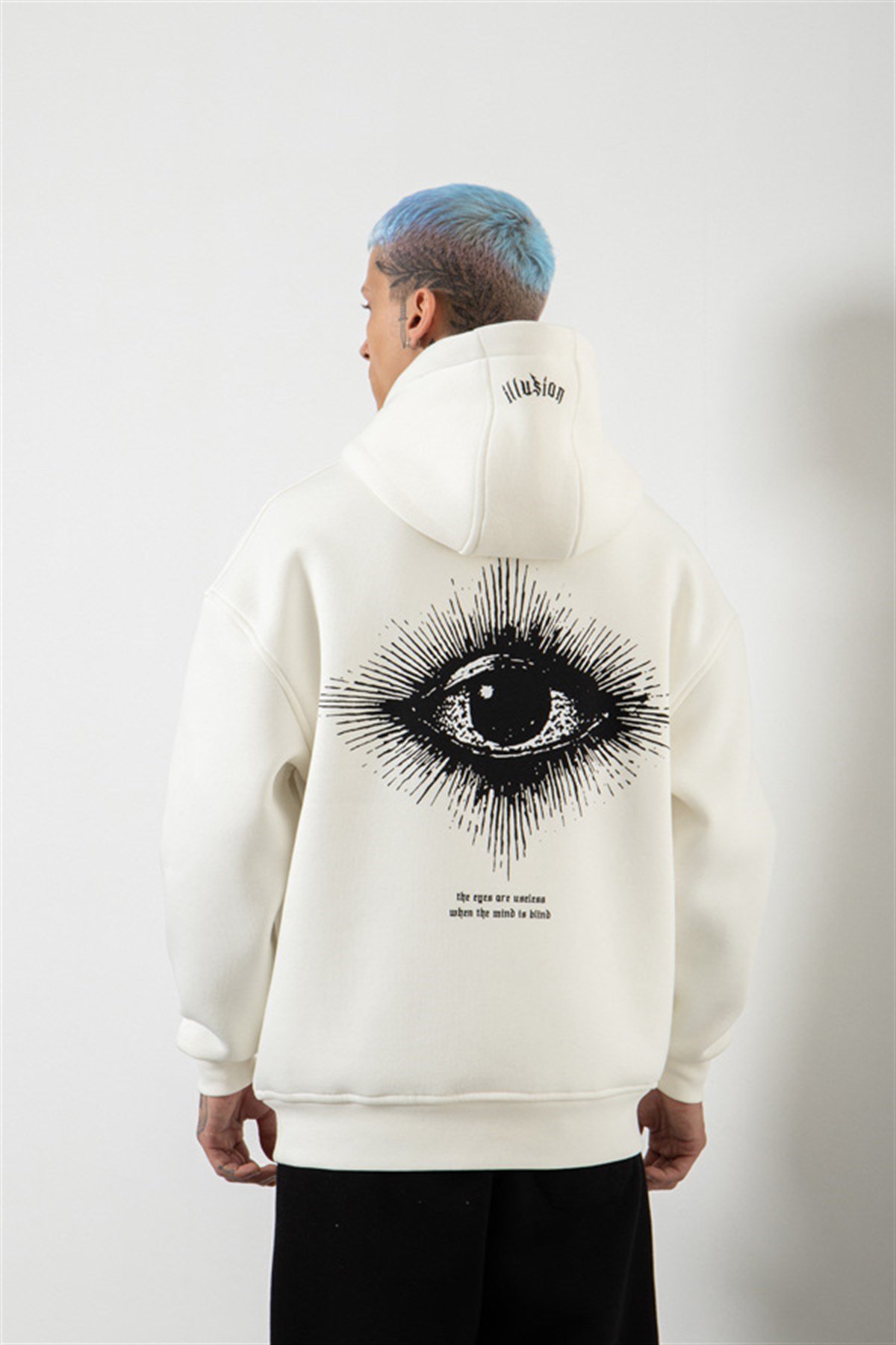 Oversize Illusion Baskılı Kapüşonlu Sweatshirt EKRU