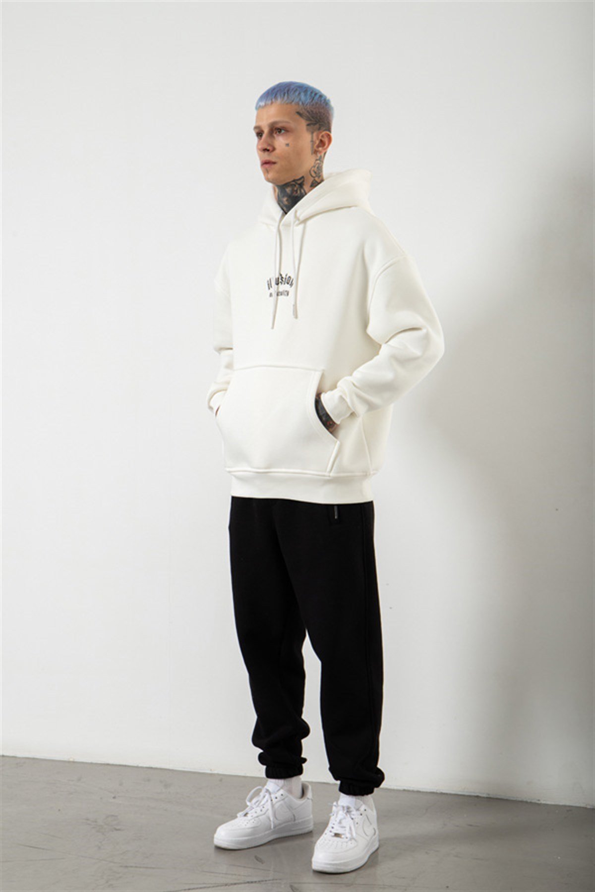 Oversize Illusion Baskılı Kapüşonlu Sweatshirt EKRU