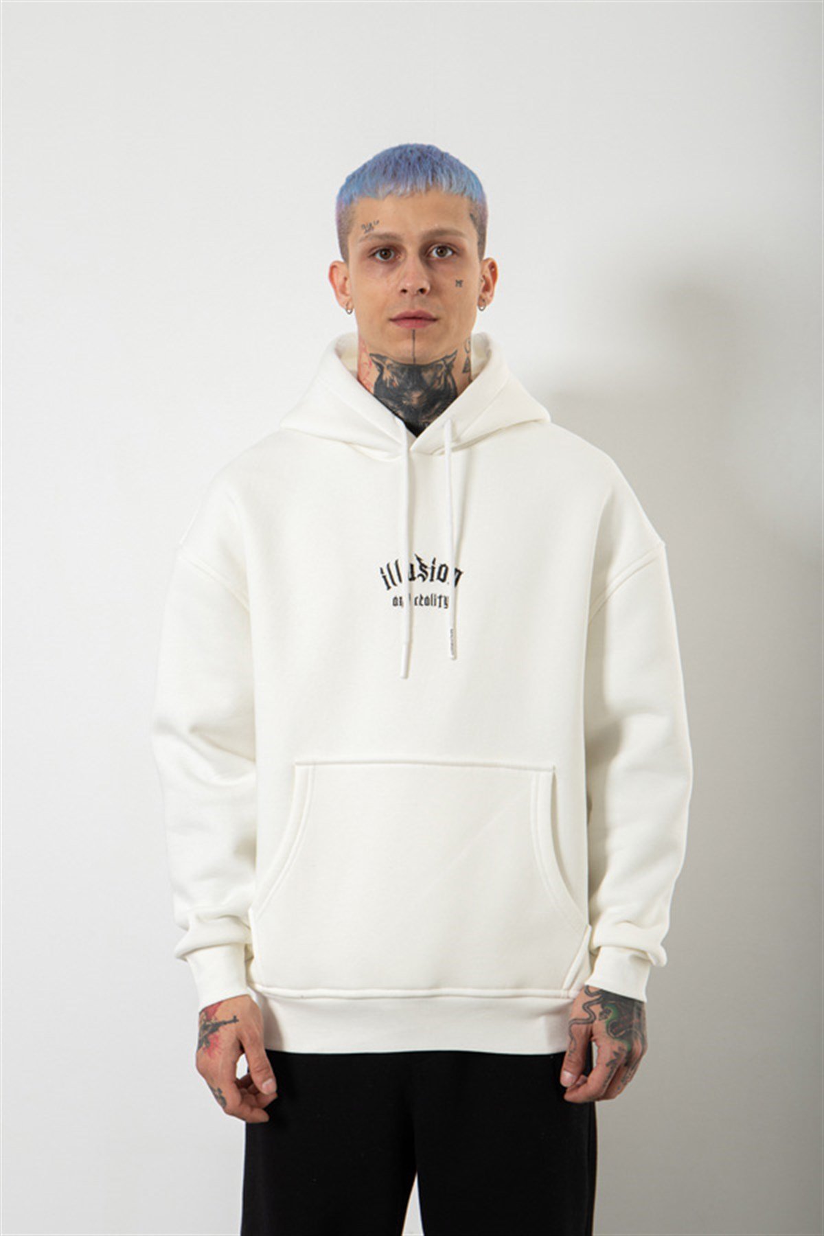 Oversize Illusion Baskılı Kapüşonlu Sweatshirt EKRU