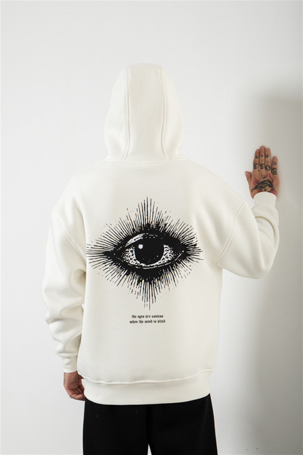 Oversize Illusion Baskılı Kapüşonlu Sweatshirt EKRU