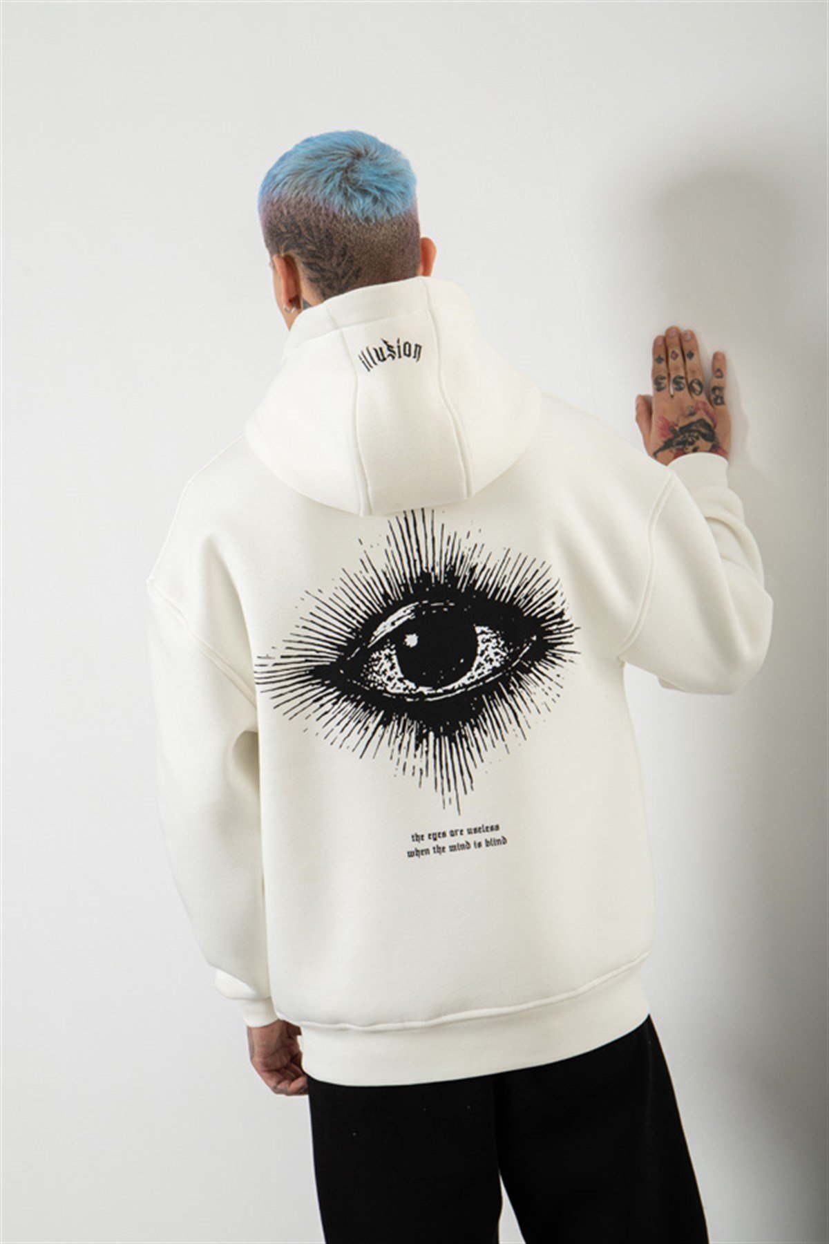 Oversize Illusion Baskılı Kapüşonlu Sweatshirt EKRU