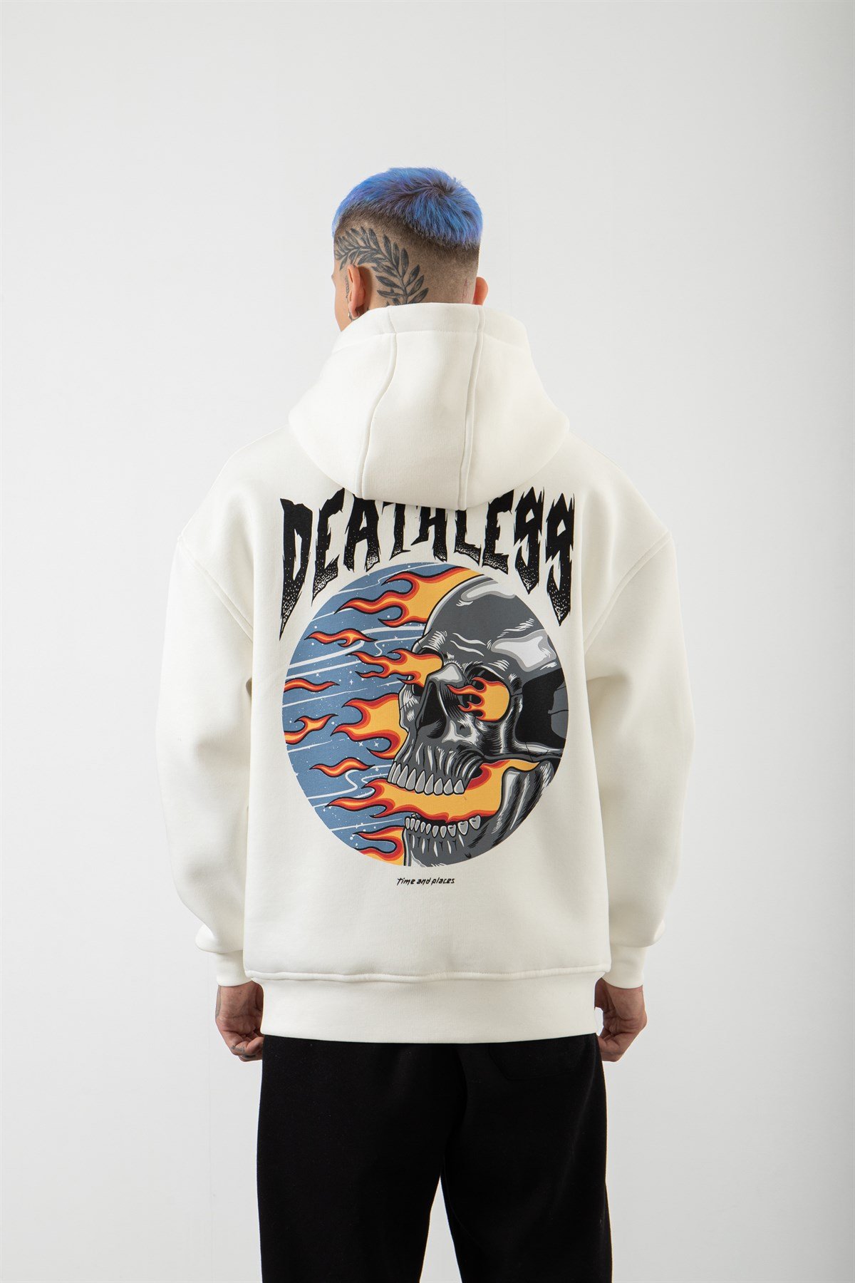 Oversize Deatless Baskılı Kapüşonlu Sweatshirt EKRU