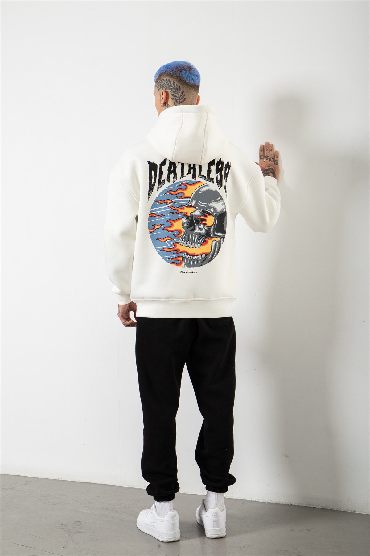 Oversize Deatless Baskılı Kapüşonlu Sweatshirt EKRU