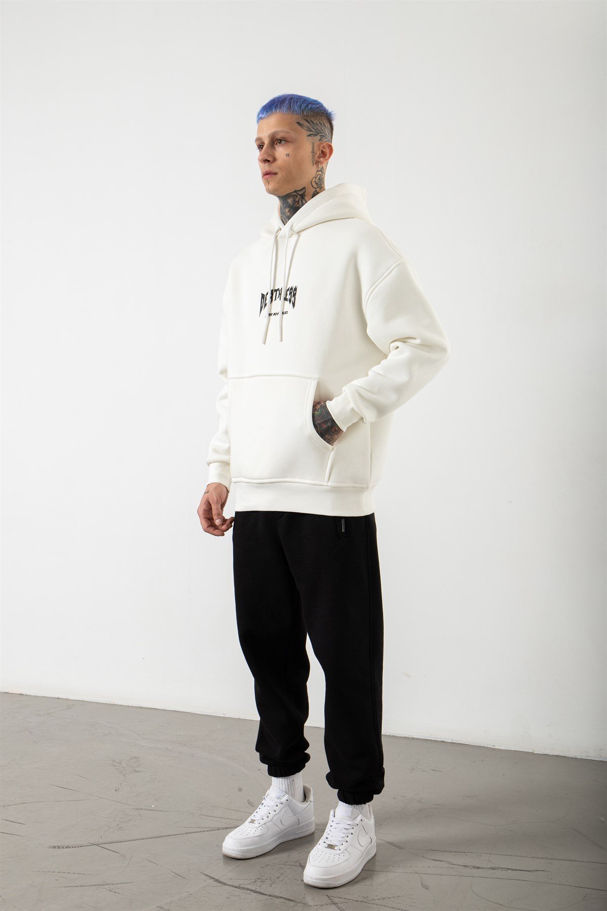 Oversize Deatless Baskılı Kapüşonlu Sweatshirt EKRU