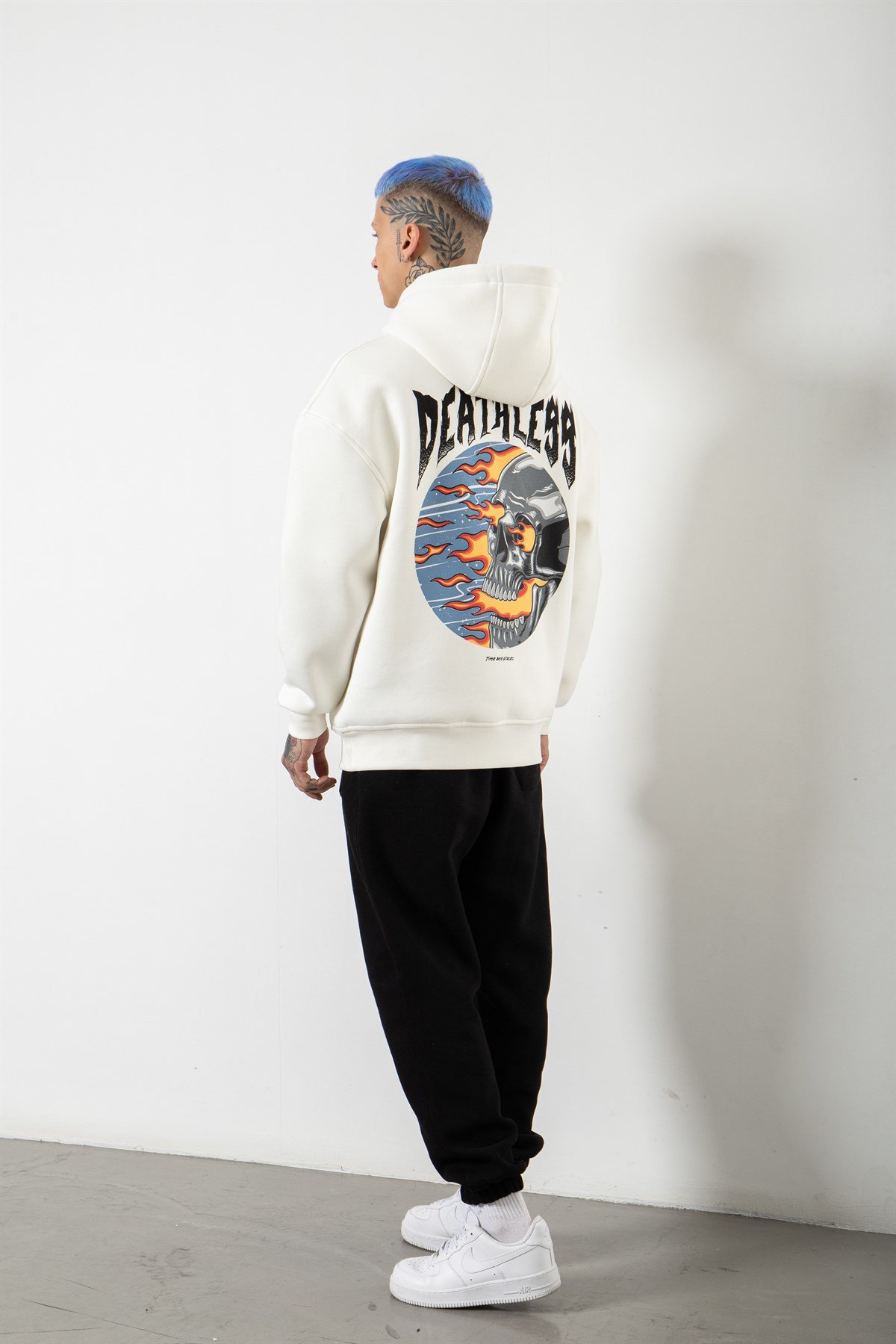 Oversize Deatless Baskılı Kapüşonlu Sweatshirt EKRU