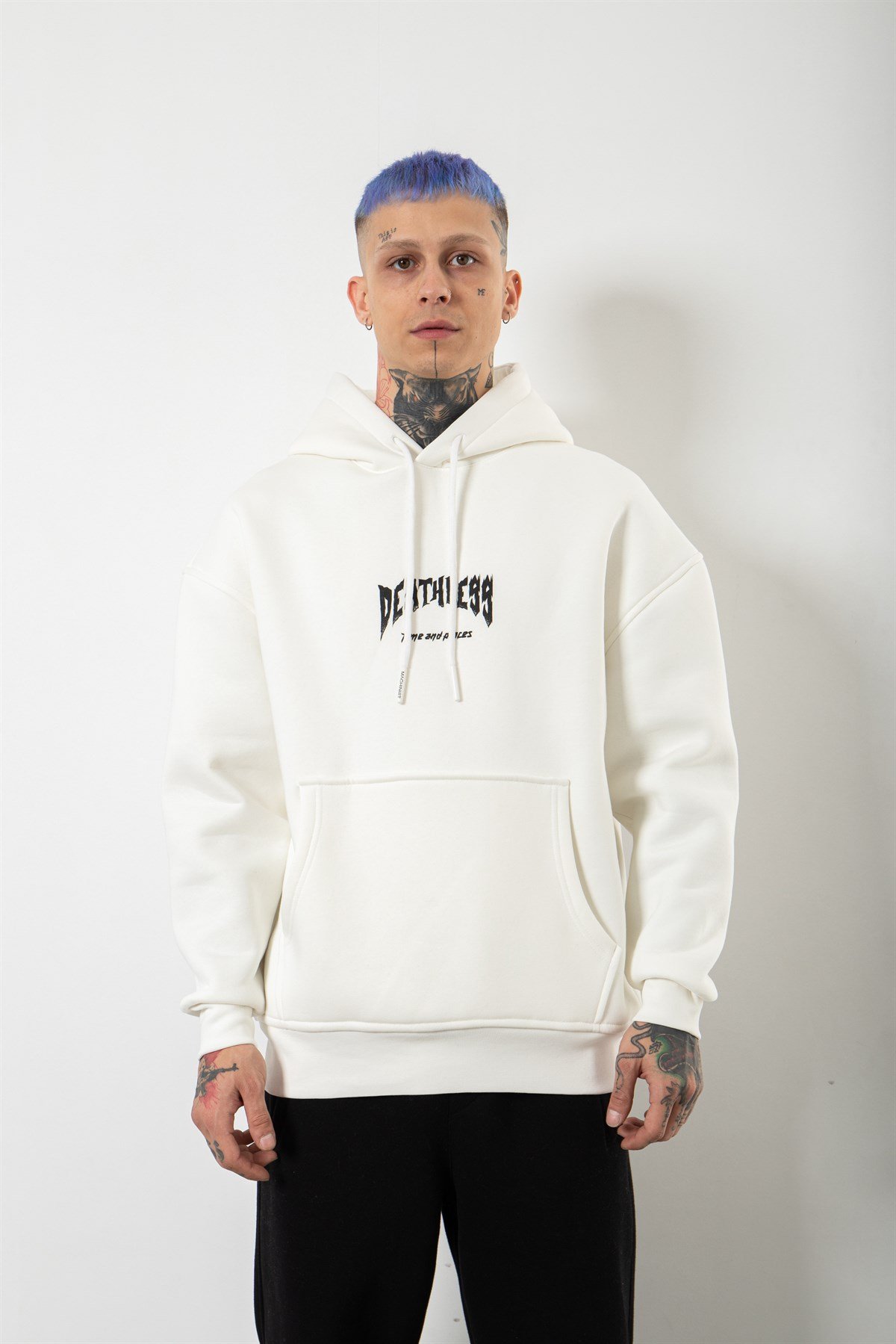 Oversize Deatless Baskılı Kapüşonlu Sweatshirt EKRU