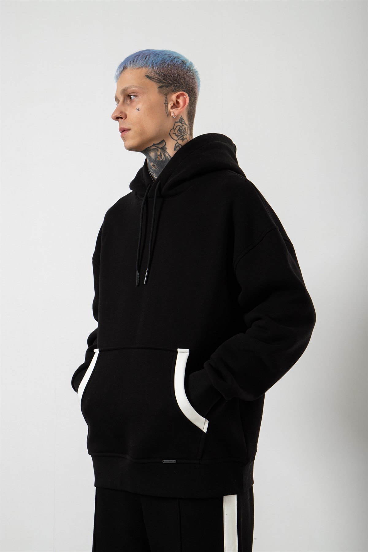 Oversize Çift Renk Detaylı Sweatshirt SİYAH/BEYAZ