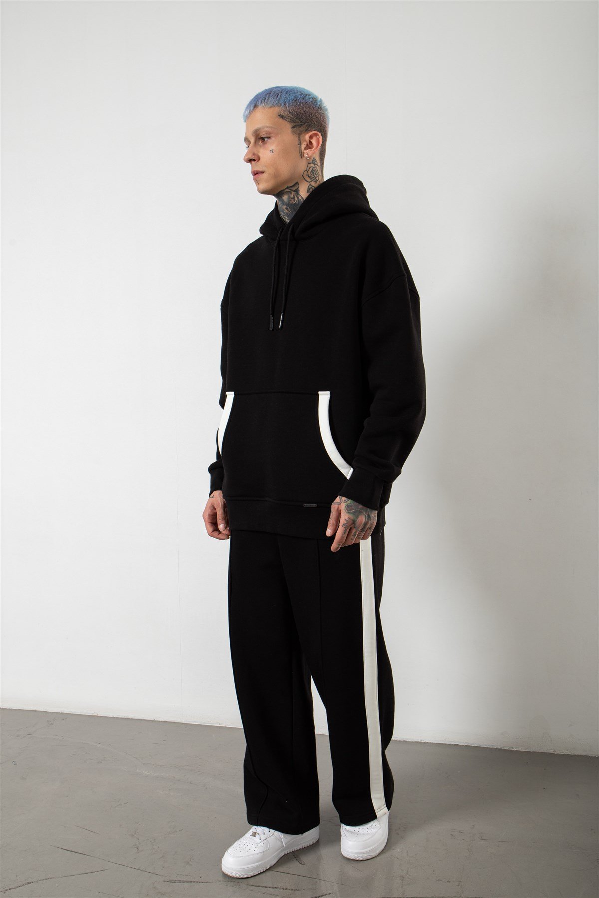 Oversize Çift Renk Detaylı Sweatshirt SİYAH/BEYAZ