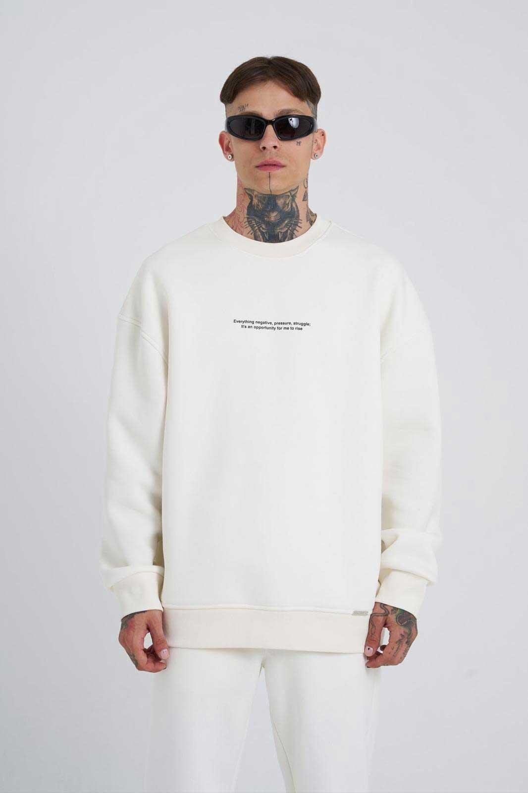 Erkek Follow Your Own Baskılı Basic Oversize Ekru Sweatshirt