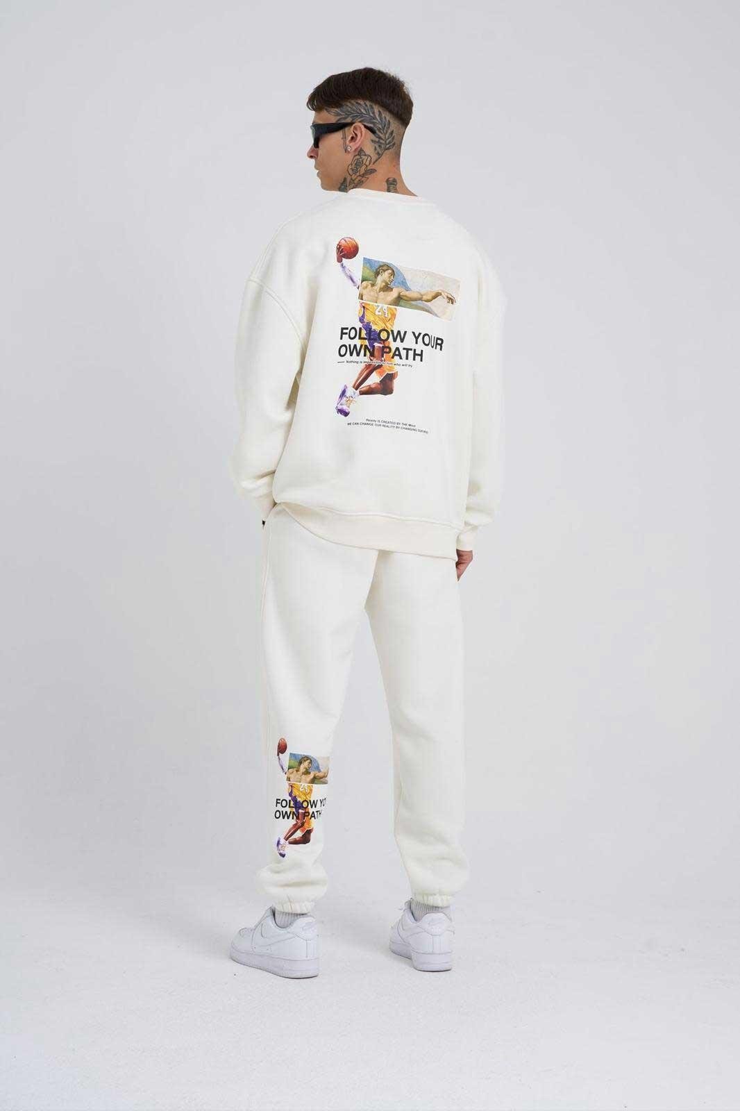Erkek Follow Your Own Baskılı Basic Oversize Ekru Sweatshirt