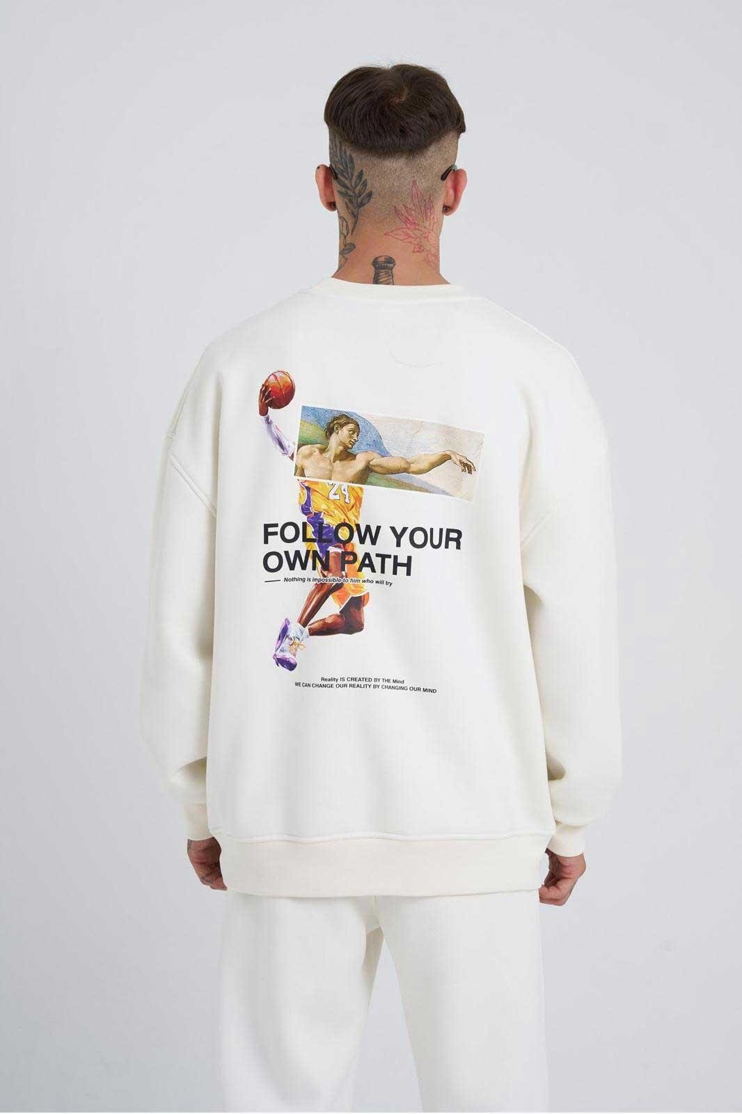 Erkek Follow Your Own Baskılı Basic Oversize Ekru Sweatshirt
