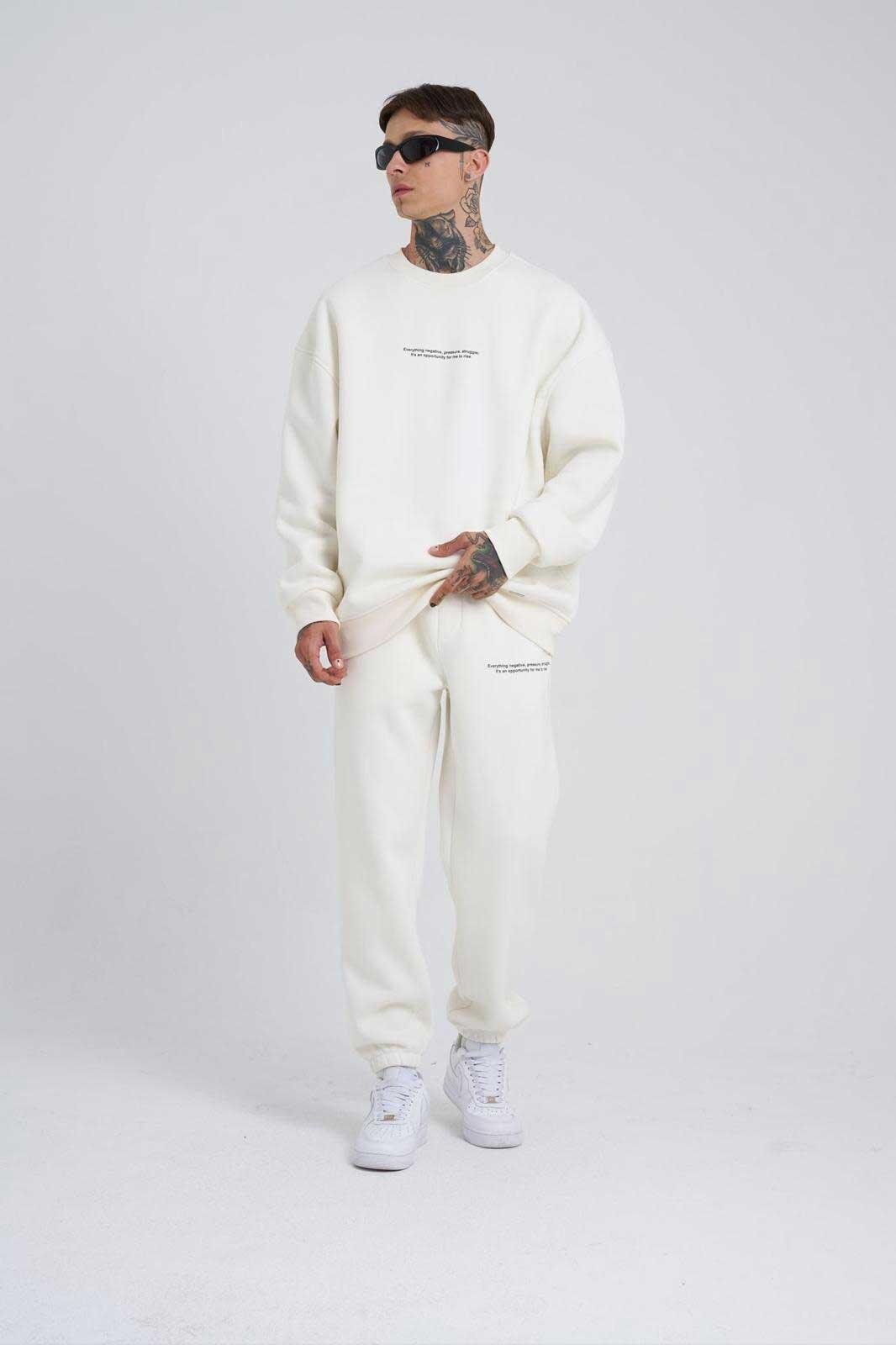 Erkek Follow Your Own Baskılı Basic Oversize Ekru Sweatshirt