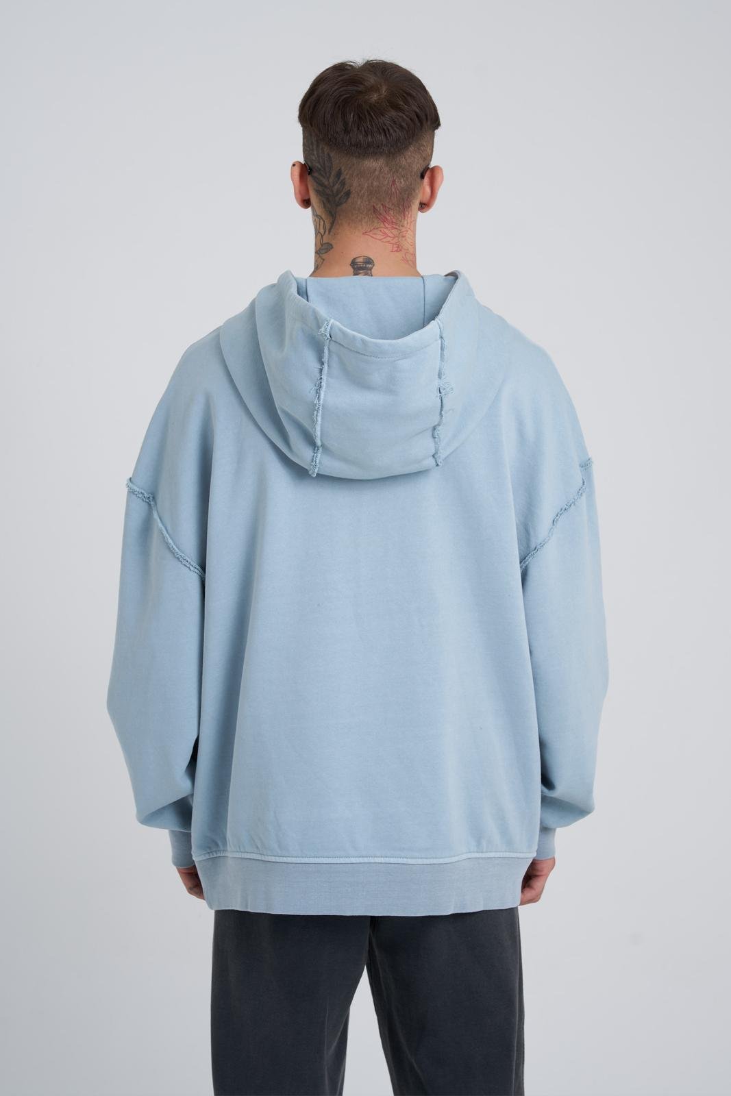 Erkek Yıkamalı Barkod Baskılı Kapüşonlu Oversize Açık Mavi Sweatshirt