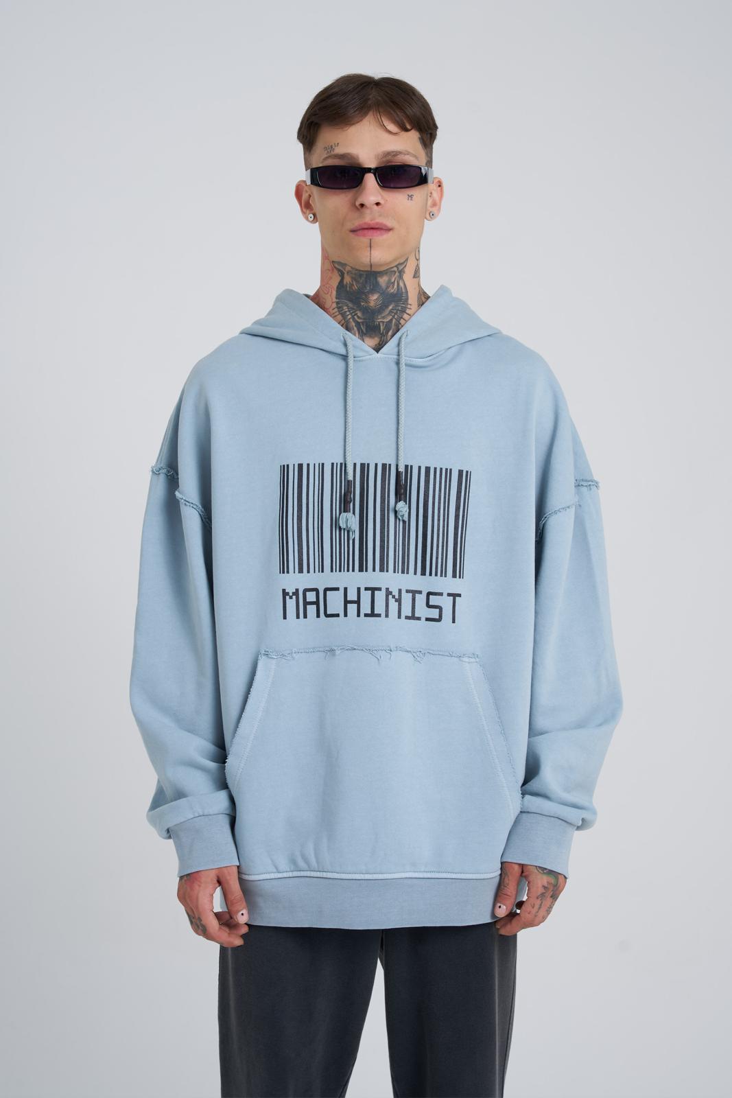 Erkek Yıkamalı Barkod Baskılı Kapüşonlu Oversize Açık Mavi Sweatshirt