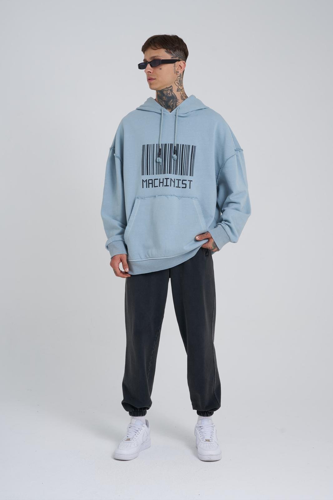 Erkek Yıkamalı Barkod Baskılı Kapüşonlu Oversize Açık Mavi Sweatshirt