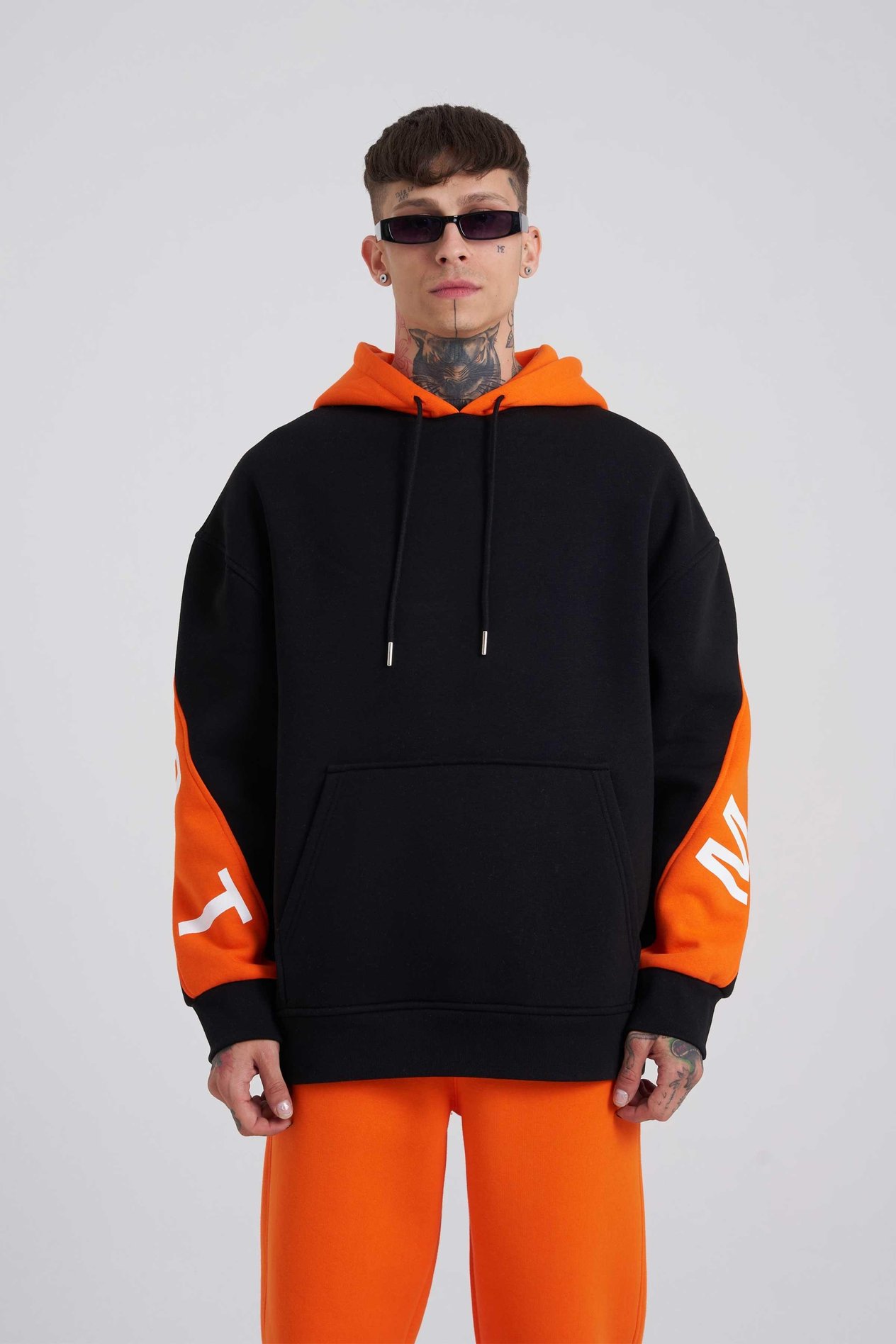 Erkek Panel Oversize Siyah Turuncu Sweatshirt