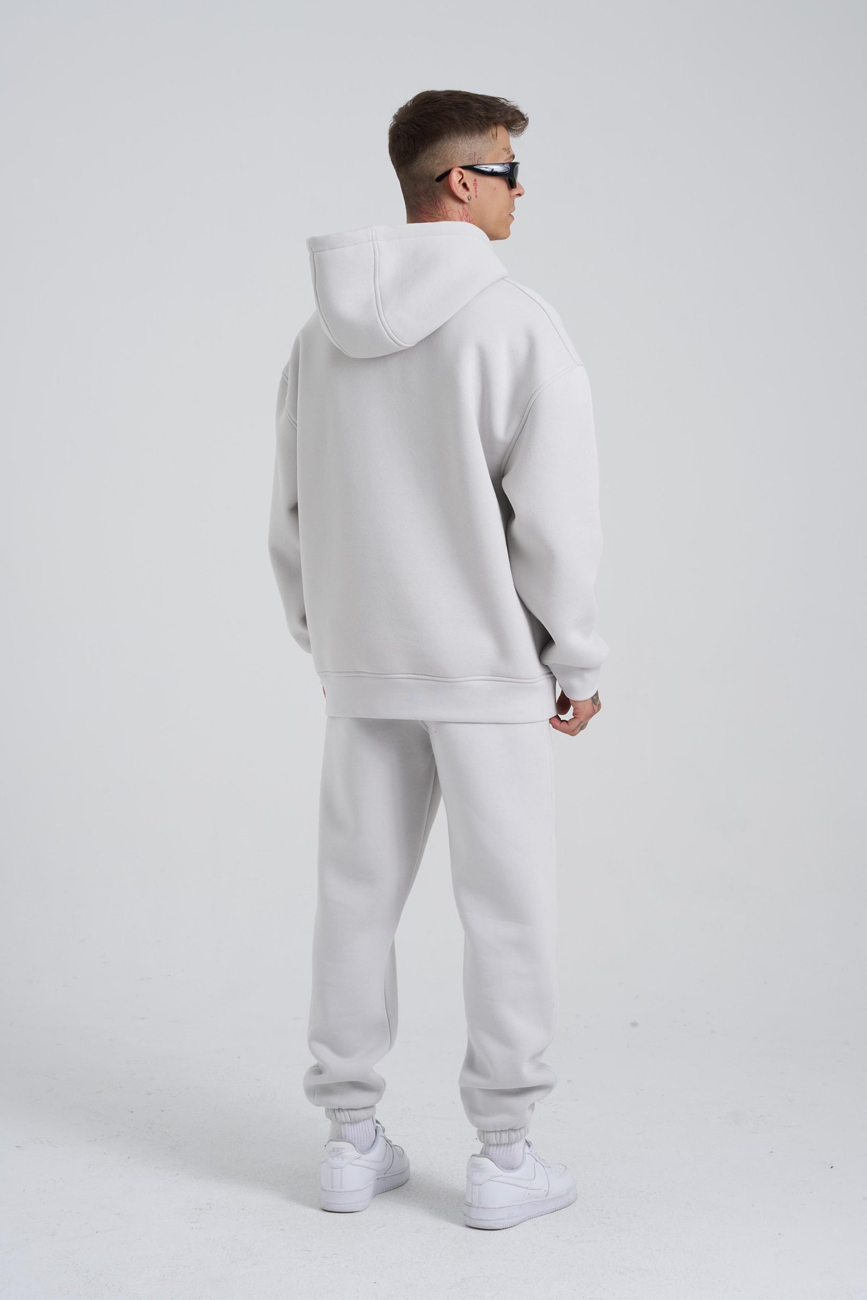 Erkek Middle Finger Baskılı Kapüşonlu Oversize Açık Gri Sweatshirt