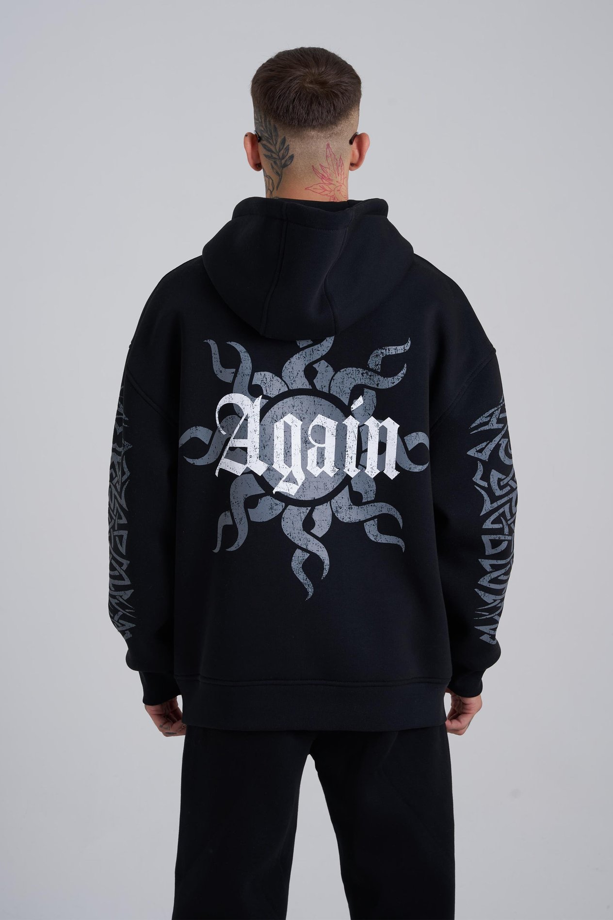 Erkek Ethnic Born Again Baskılı Kapüşonlu Siyah Sweatshirt