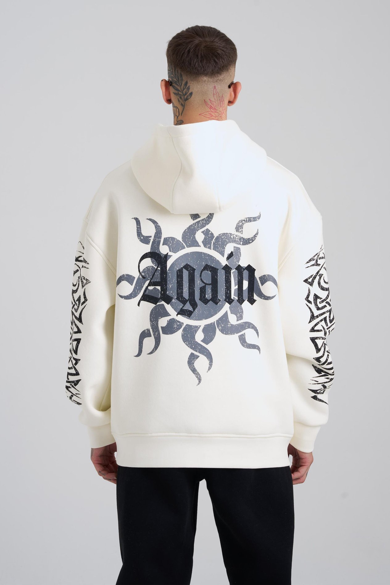 Erkek Ethnic Born Again Baskılı Kapüşonlu Ekru Sweatshirt