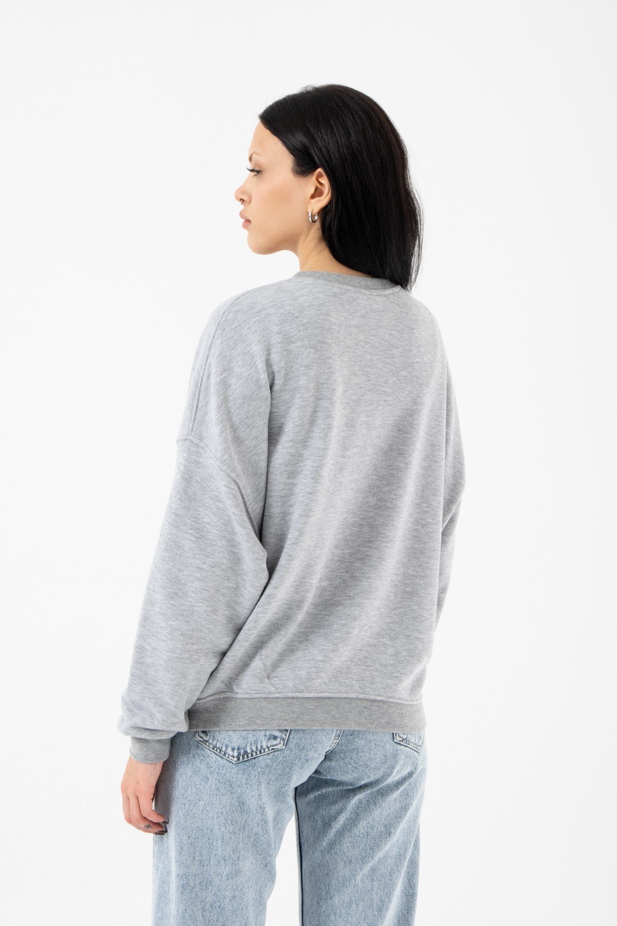 Oversize Tom ve Jerry Şardonsuz Gri Melanj Kadın Sweatshirt