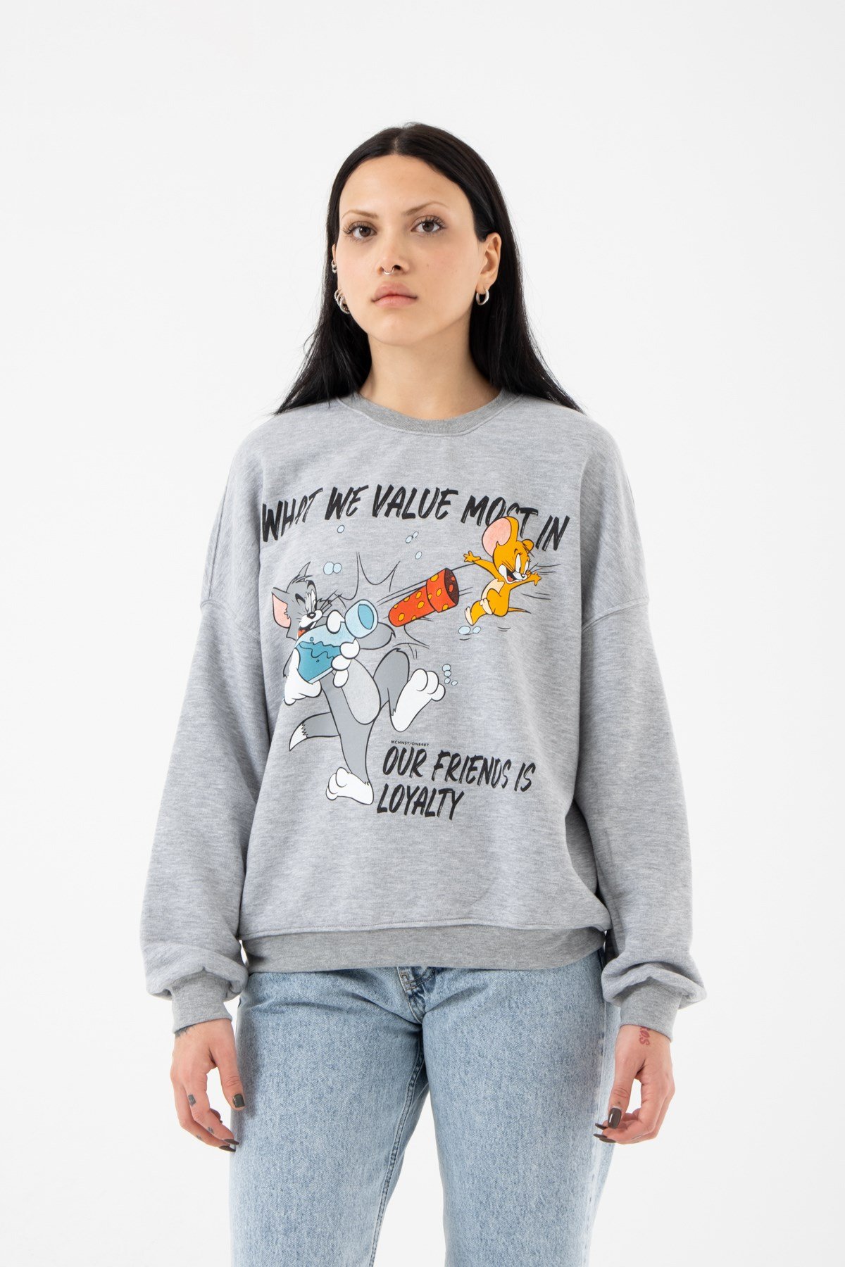Oversize Tom ve Jerry Şardonsuz Gri Melanj Kadın Sweatshirt