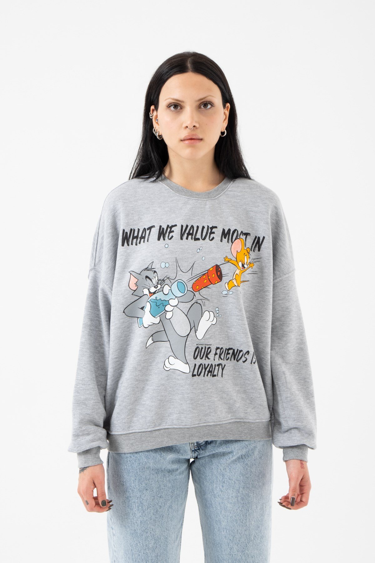 Oversize Tom ve Jerry Şardonsuz Gri Melanj Kadın Sweatshirt