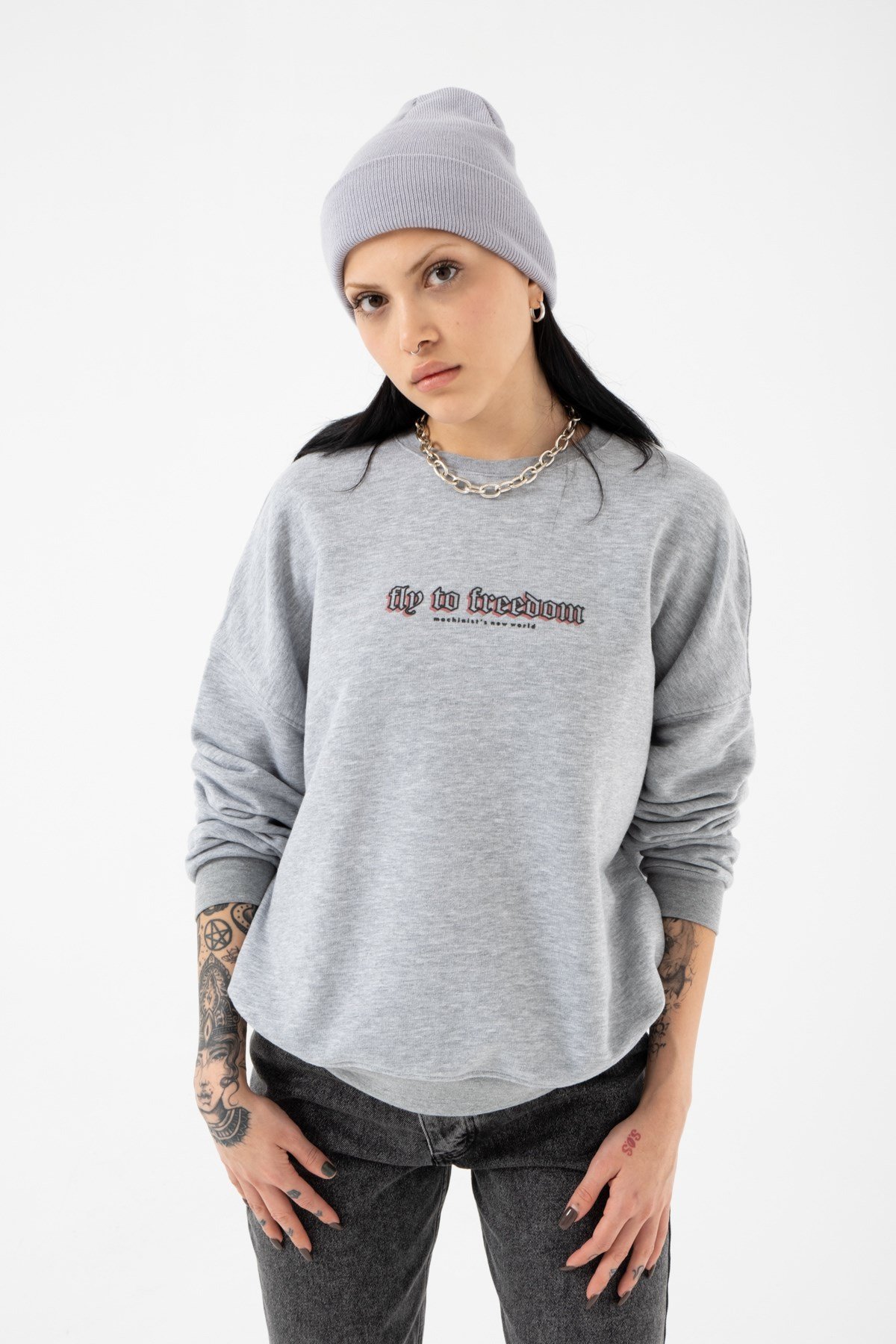 Oversize Fly To Freedom Şardonsuz Gri Melanj Kadın Sweatshirt