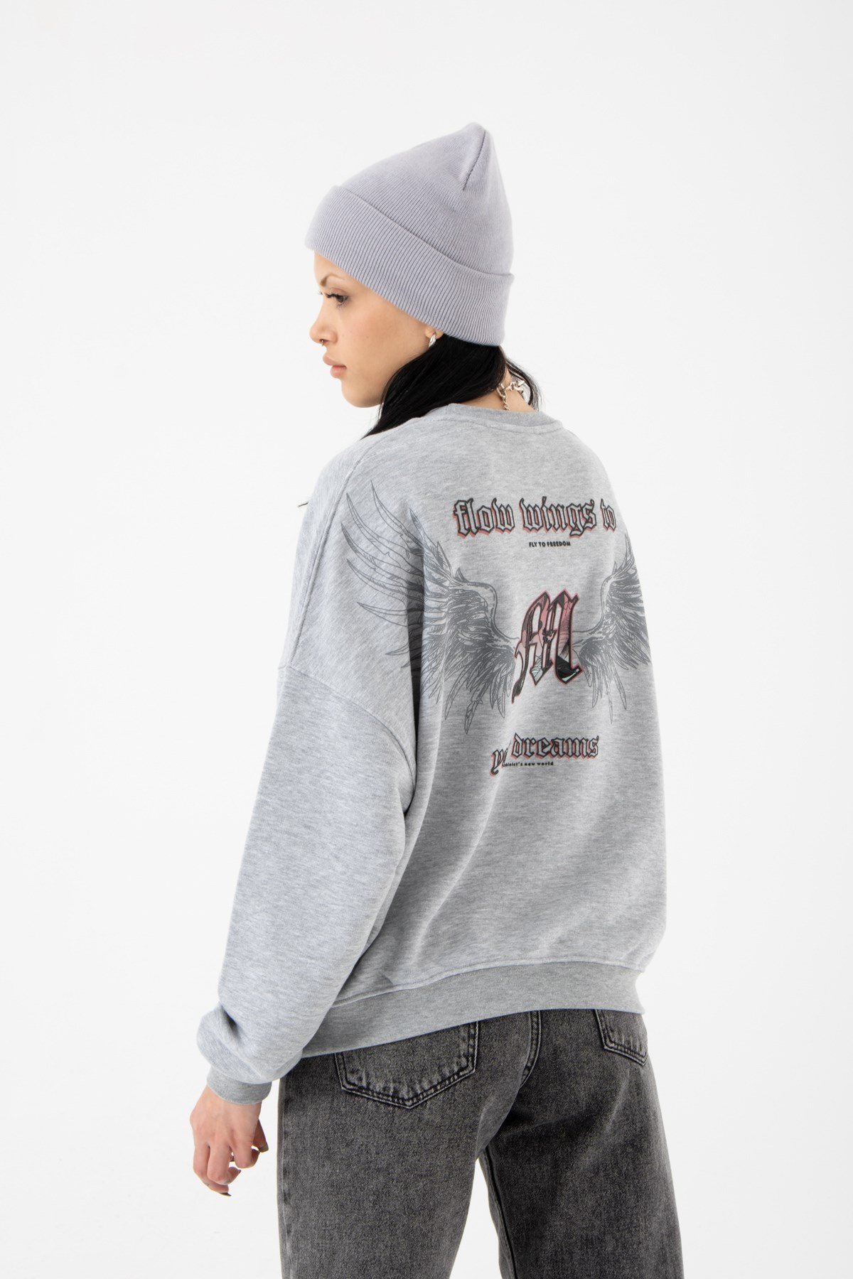 Oversize Fly To Freedom Şardonsuz Gri Melanj Kadın Sweatshirt
