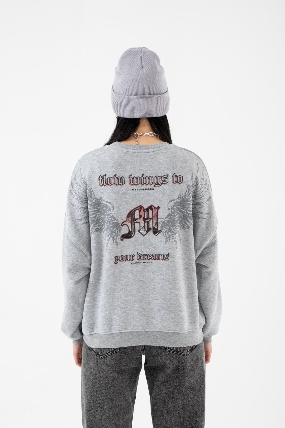 Oversize Fly To Freedom Şardonsuz Gri Melanj Kadın Sweatshirt