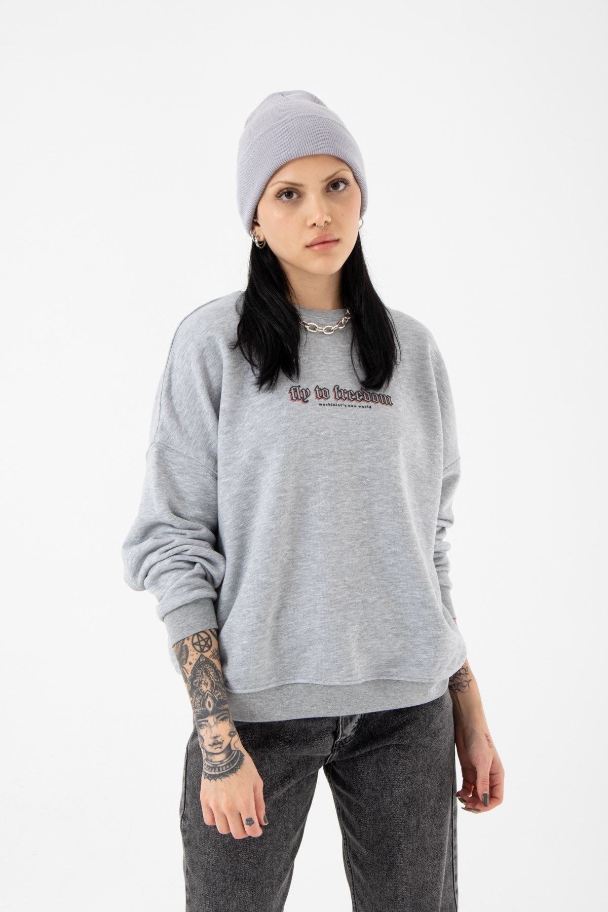 Oversize Fly To Freedom Şardonsuz Gri Melanj Kadın Sweatshirt