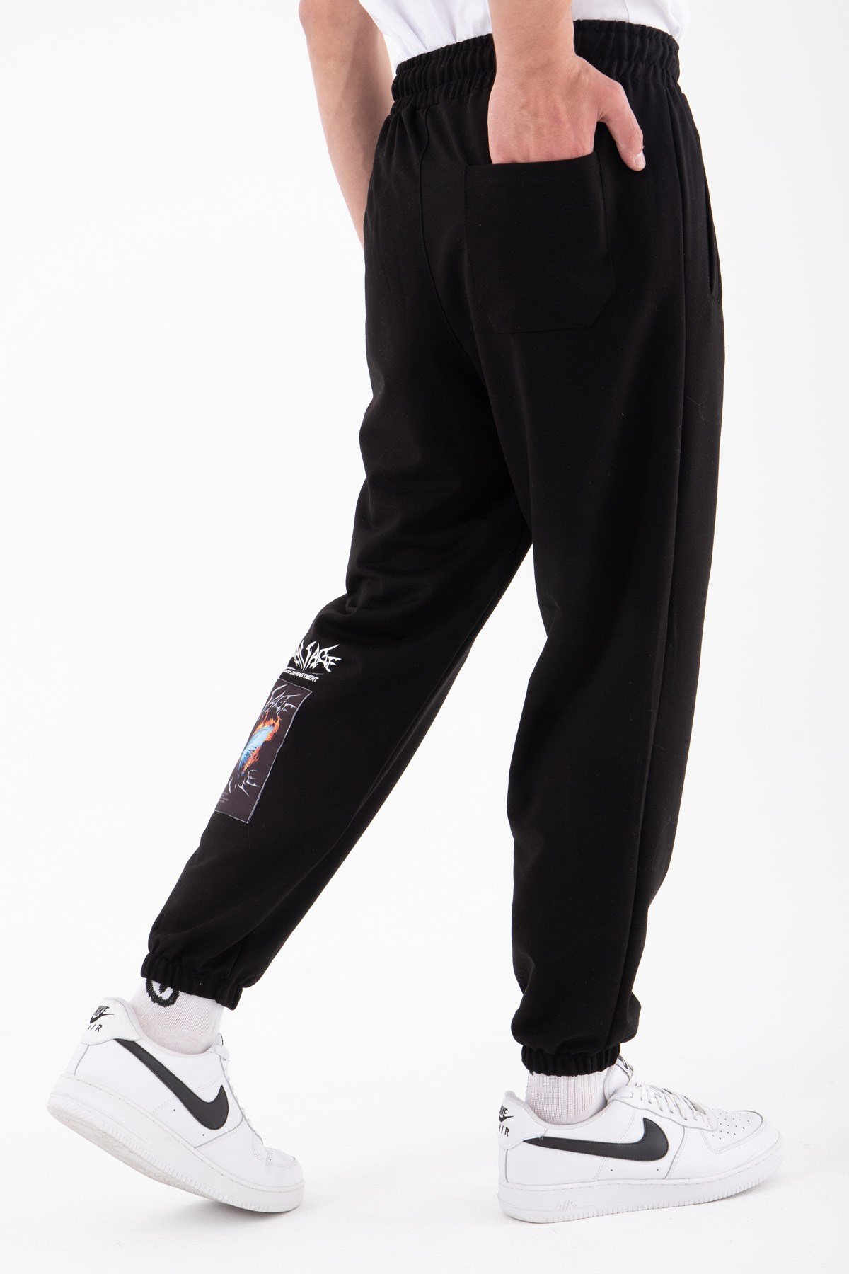Regular Betterfly Baskılı Paçası ve Beli Lastikli 3 Çepli Jogger Eşofman Alt SİYAH