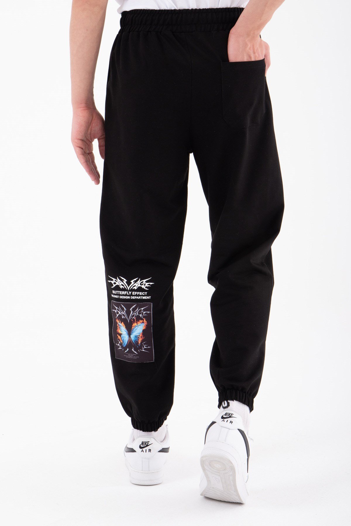 Regular Betterfly Baskılı Paçası ve Beli Lastikli 3 Çepli Jogger Eşofman Alt SİYAH