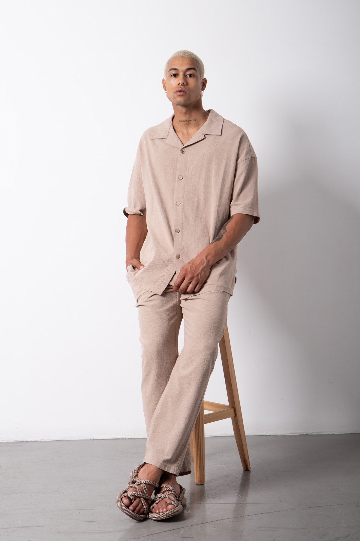 Relaxed Beli Lastikli Keten Pantolon CEVİZ