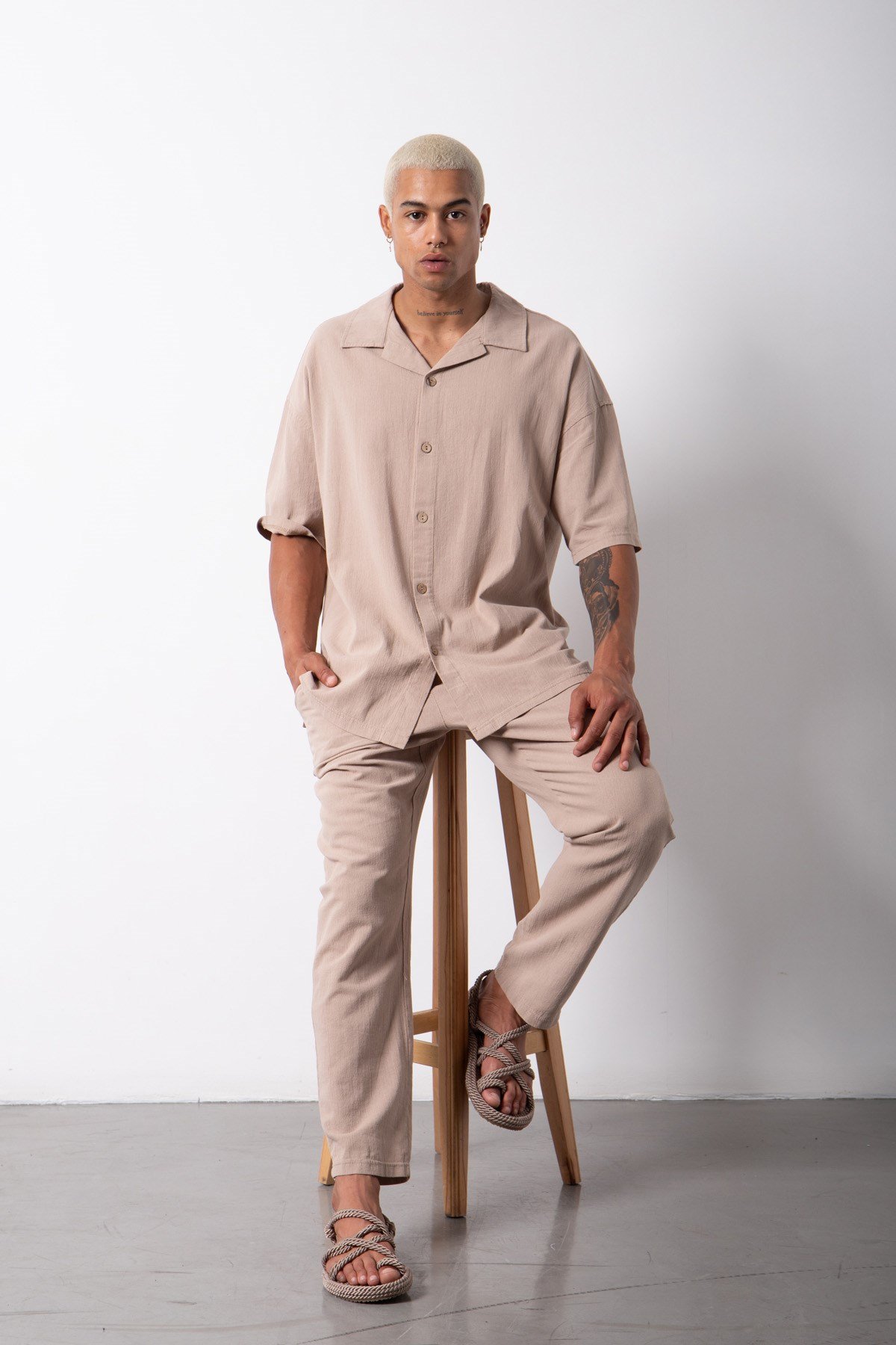 Relaxed Beli Lastikli Keten Pantolon CEVİZ