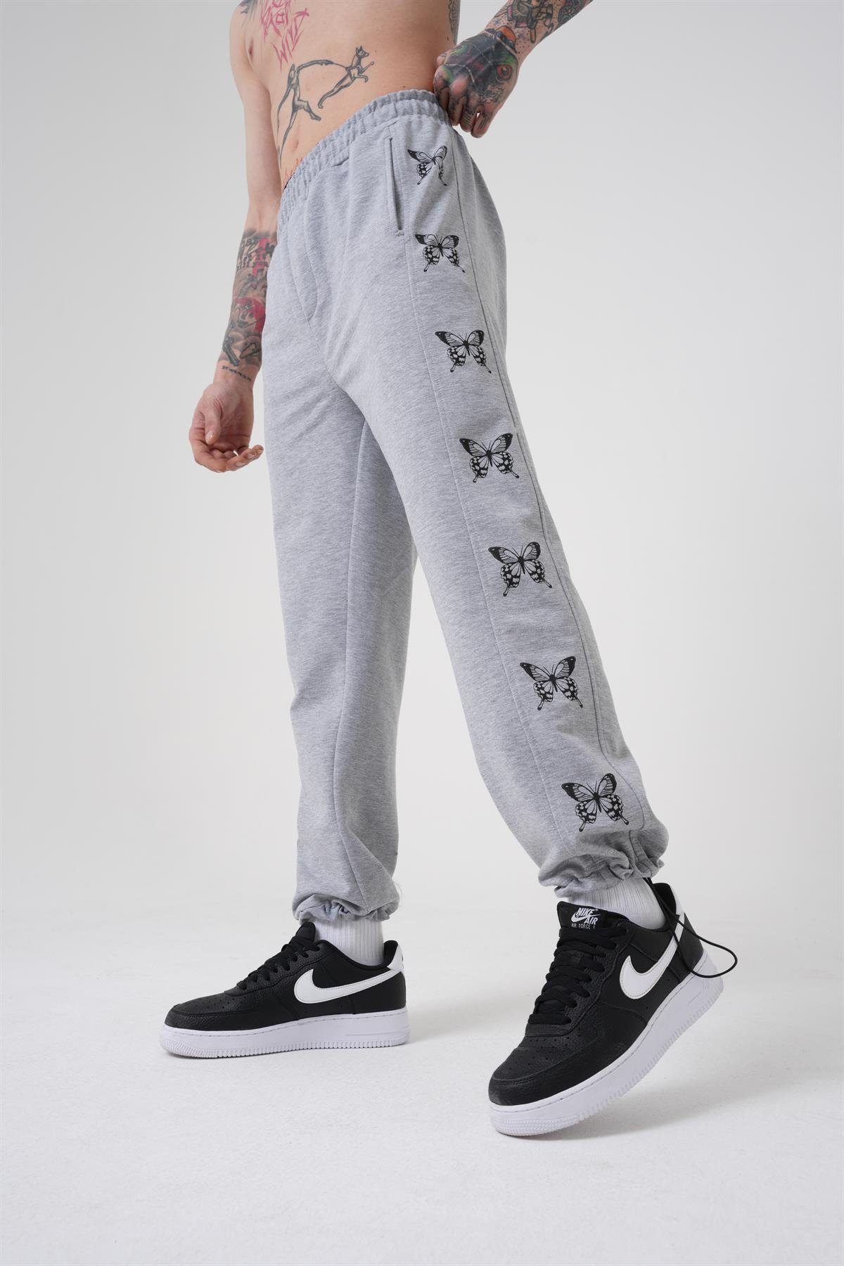 Oversize Butterfly Baskılı Beli Lastikli Organik Pamuklu Eşofman GRAY MELANGE