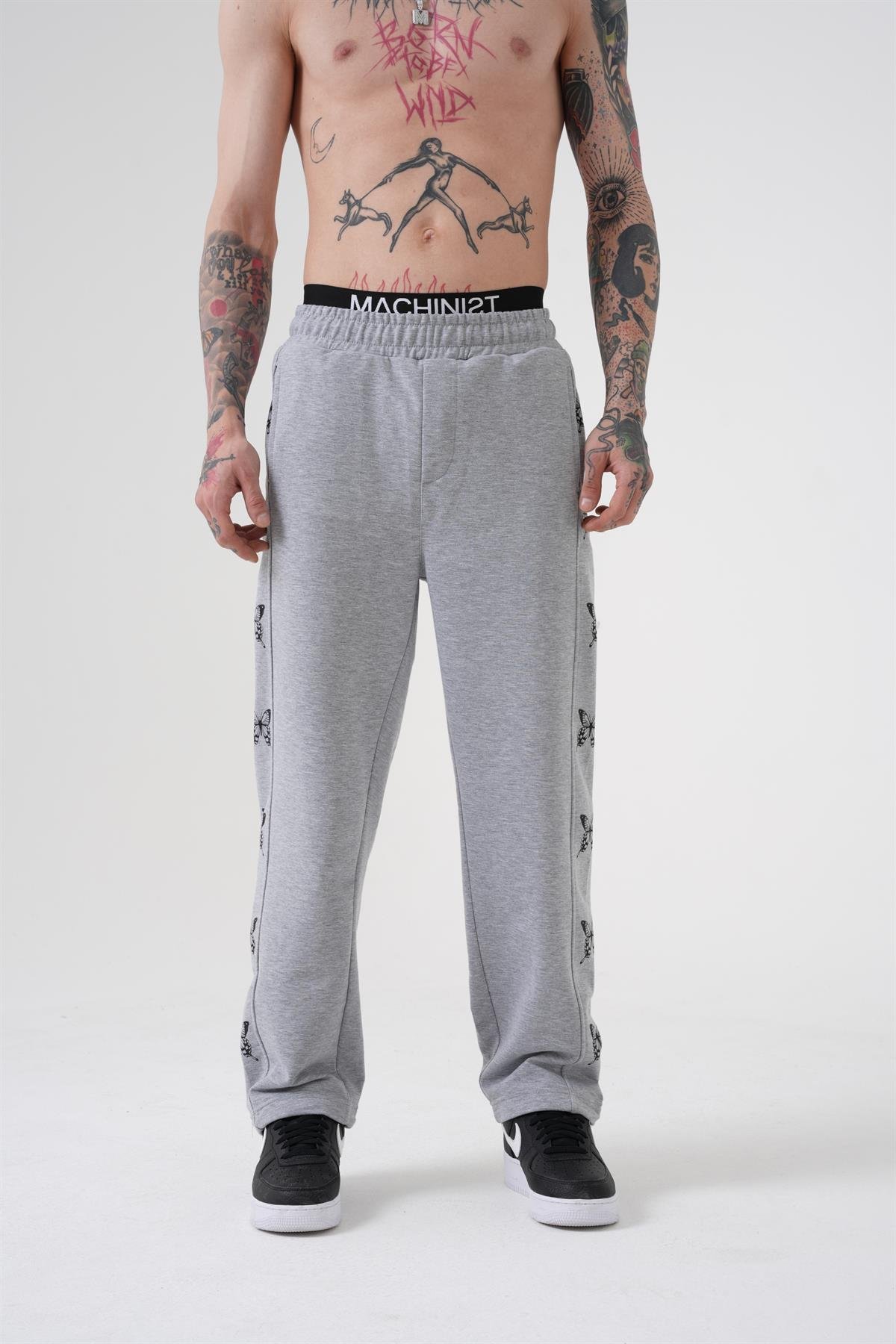 Oversize Butterfly Baskılı Beli Lastikli Organik Pamuklu Eşofman GRAY MELANGE