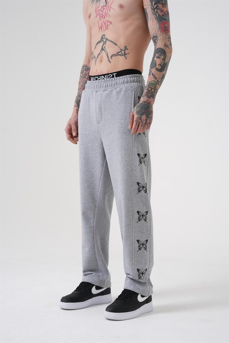 Oversize Butterfly Baskılı Beli Lastikli Organik Pamuklu Eşofman GRAY MELANGE