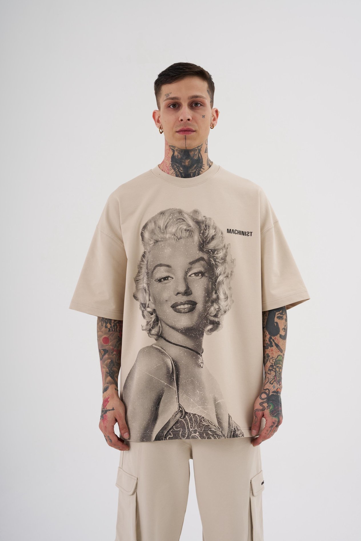Erkek Marilyn Monrou Baskılı Oversize Soft Bej Tişört