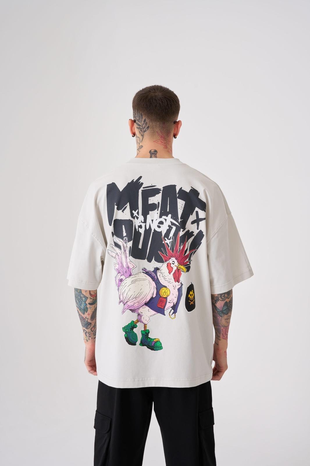 Erkek Meat Punk Baskılı Oversize Space Grey Tişört
